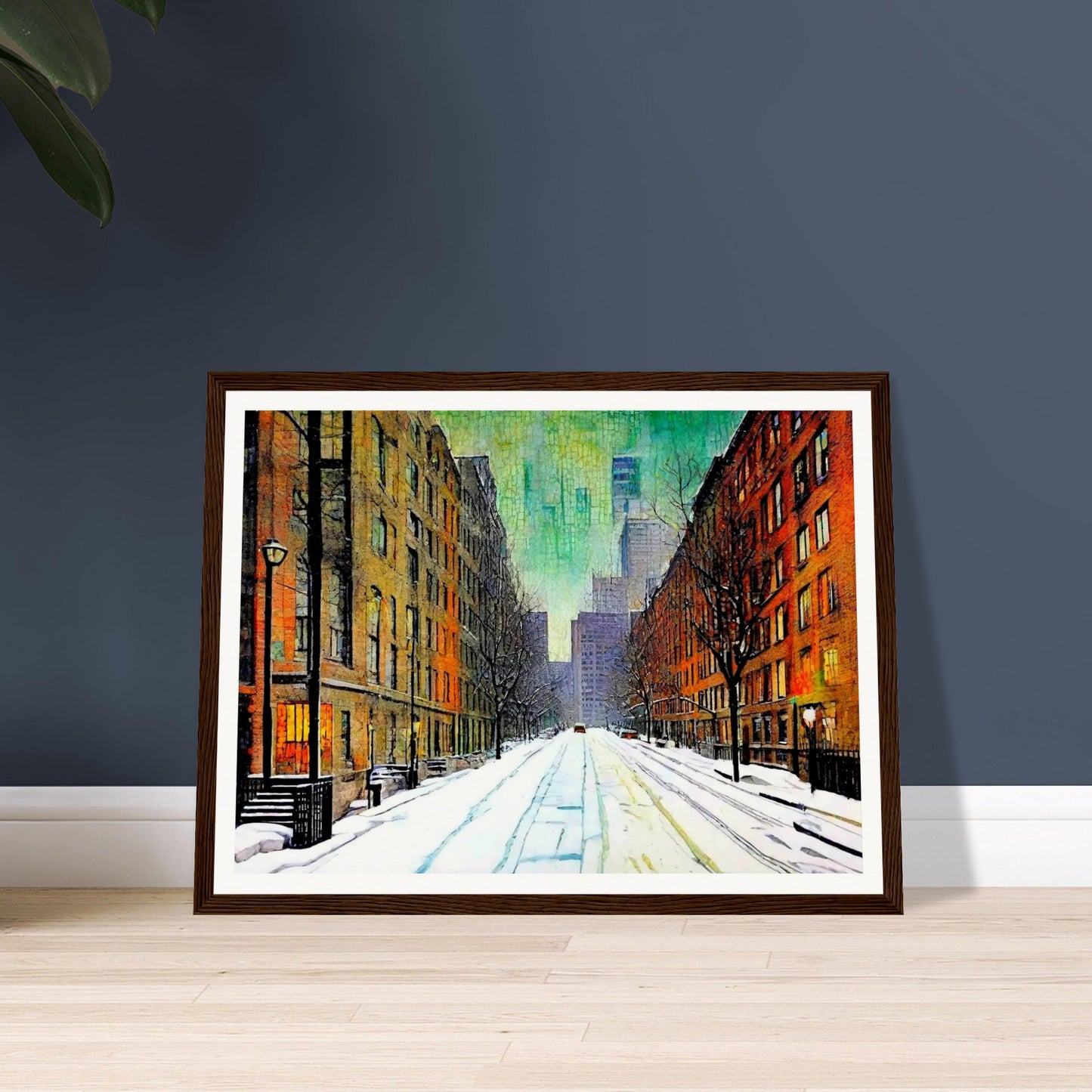 A quiet, snow-covered city street lined with tall buildings on either side, leading to a misty skyline of skyscrapers under a greenish winter sky, evoking peaceful urban solitude.