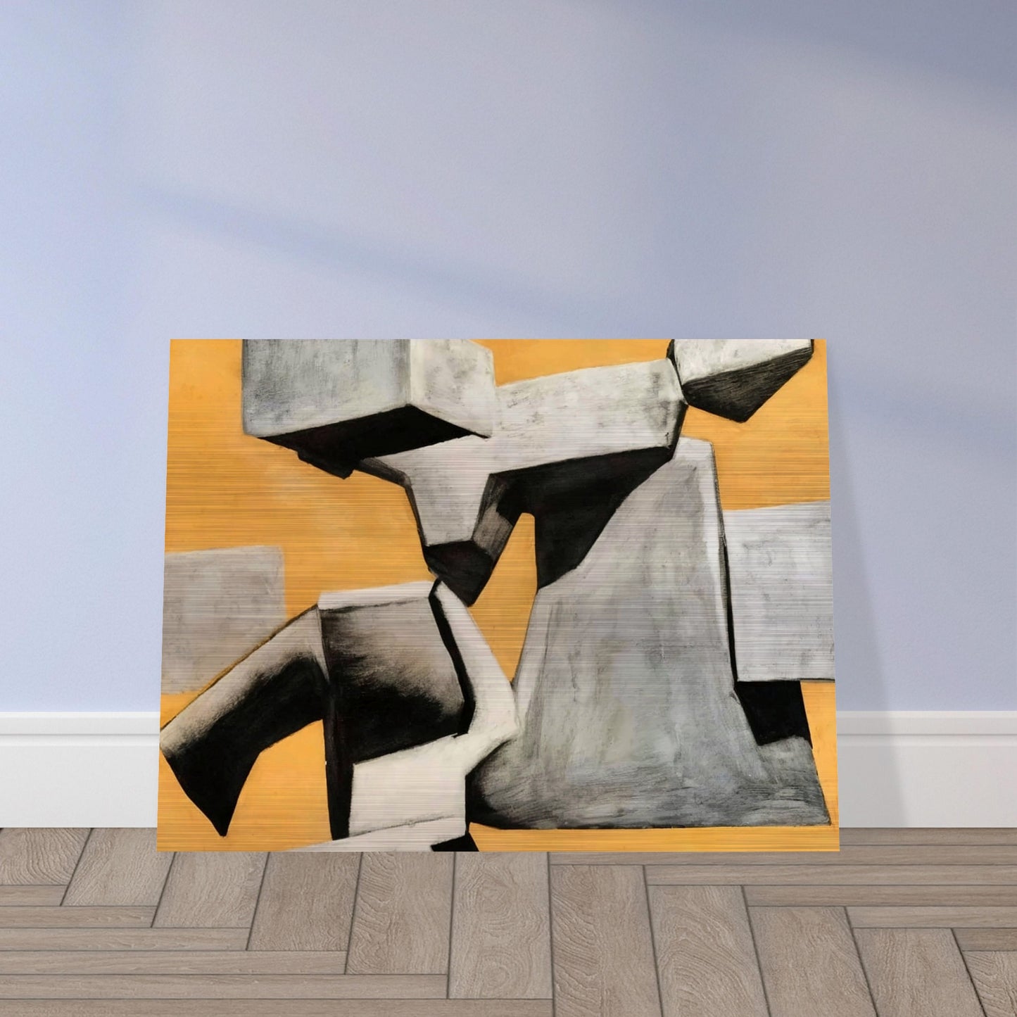An abstract composition of floating and intersecting gray geometric shapes, set against a warm, textured orange background, creating a sense of movement and contrast.