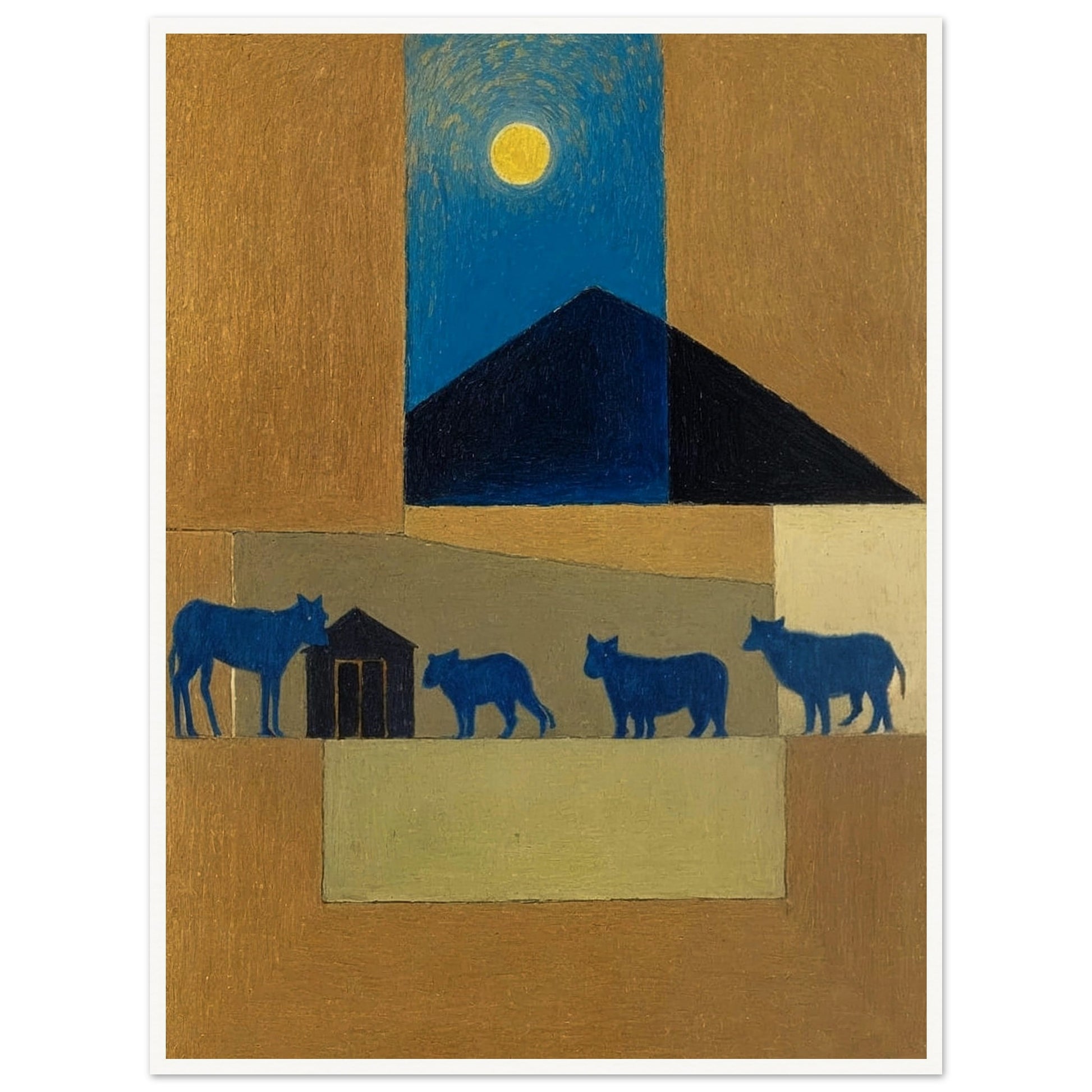 A peaceful night scene with blue cattle walking under the moon, against a backdrop of warm earthy tones and a dark triangular roof.