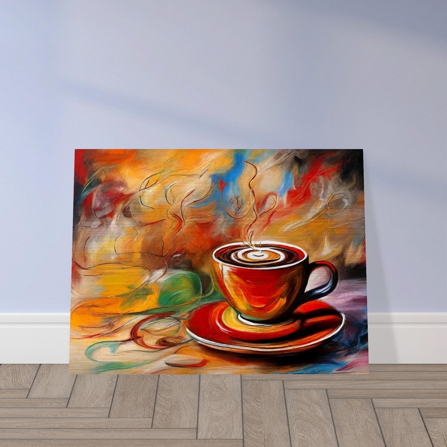 "An expressive painting of a steaming cup of coffee in a red cup with swirling colors of orange, yellow, and blue in the background."
