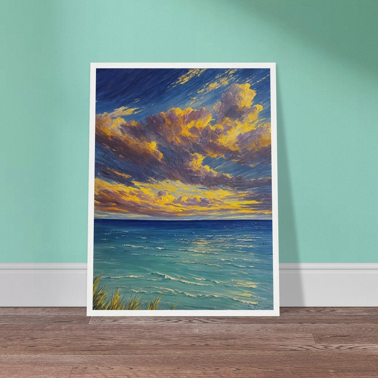 A vibrant painting of a serene ocean at sunset with dramatic clouds and golden light reflecting on the water.