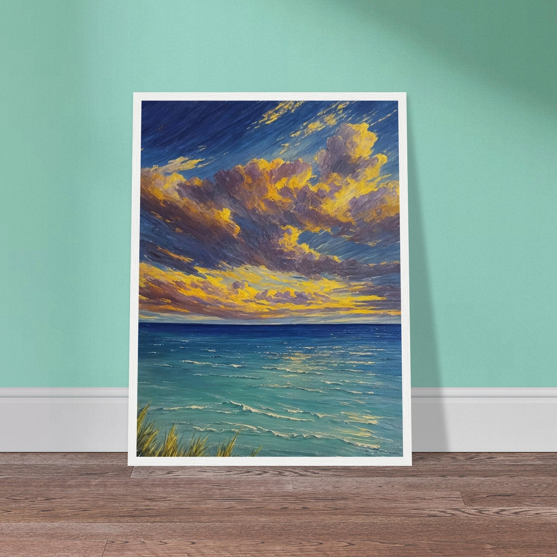 A vibrant painting of a serene ocean at sunset with dramatic clouds and golden light reflecting on the water.