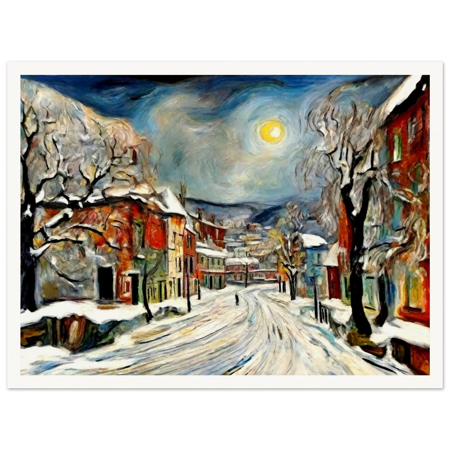 "A serene winter night scene with snow-covered streets and buildings under a glowing moon, framed by frosted trees in a quiet village."
