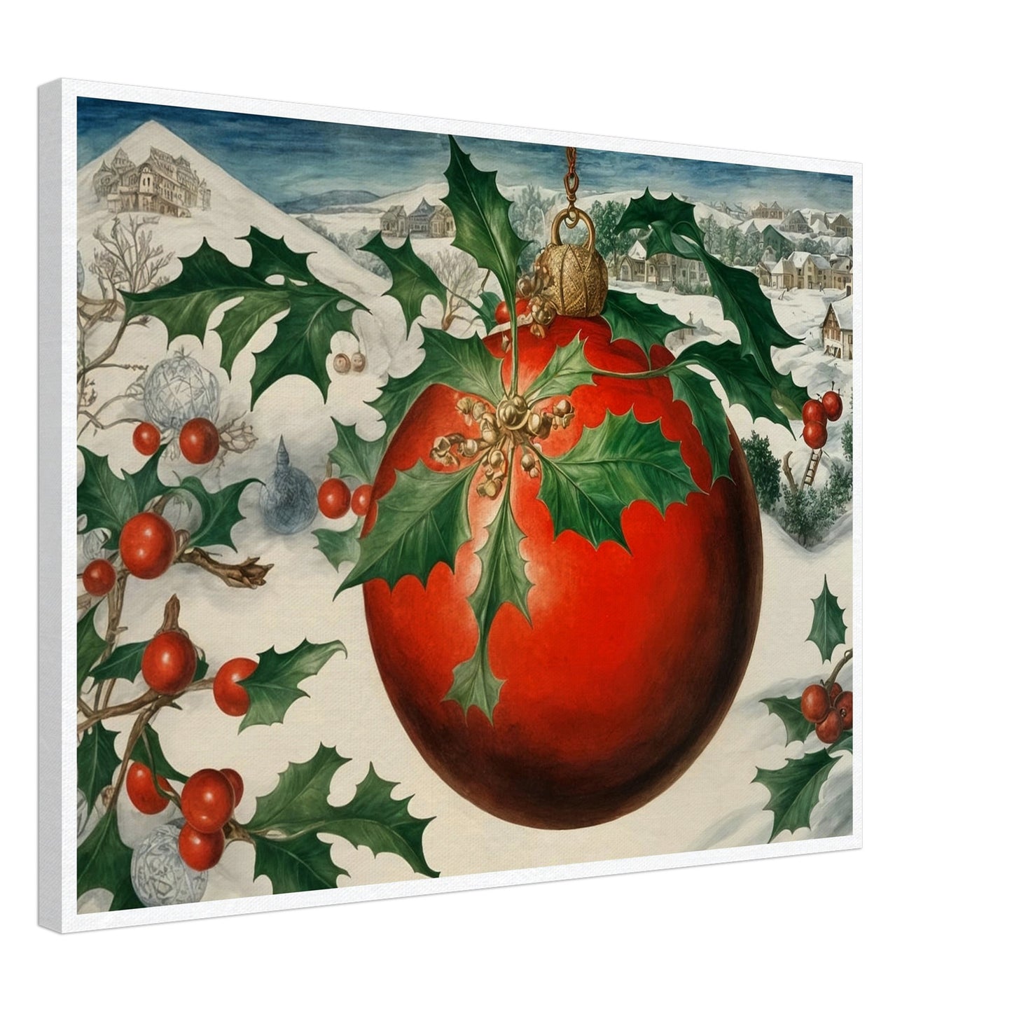 A large red Christmas ornament adorned with holly leaves and berries, set against a snowy village landscape, evoking the holiday spirit in a wintry setting.