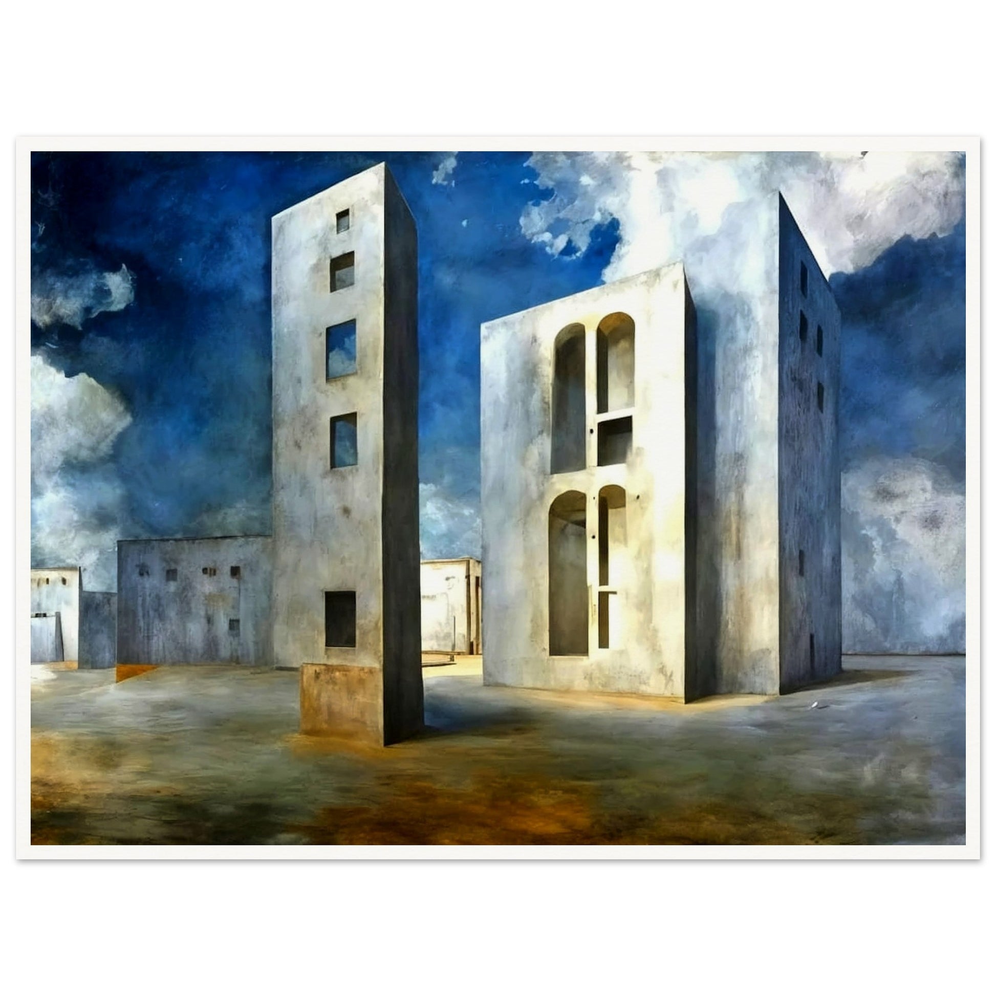 A surreal landscape featuring towering, geometric buildings with windows and arches set against a deep blue sky with dramatic clouds.