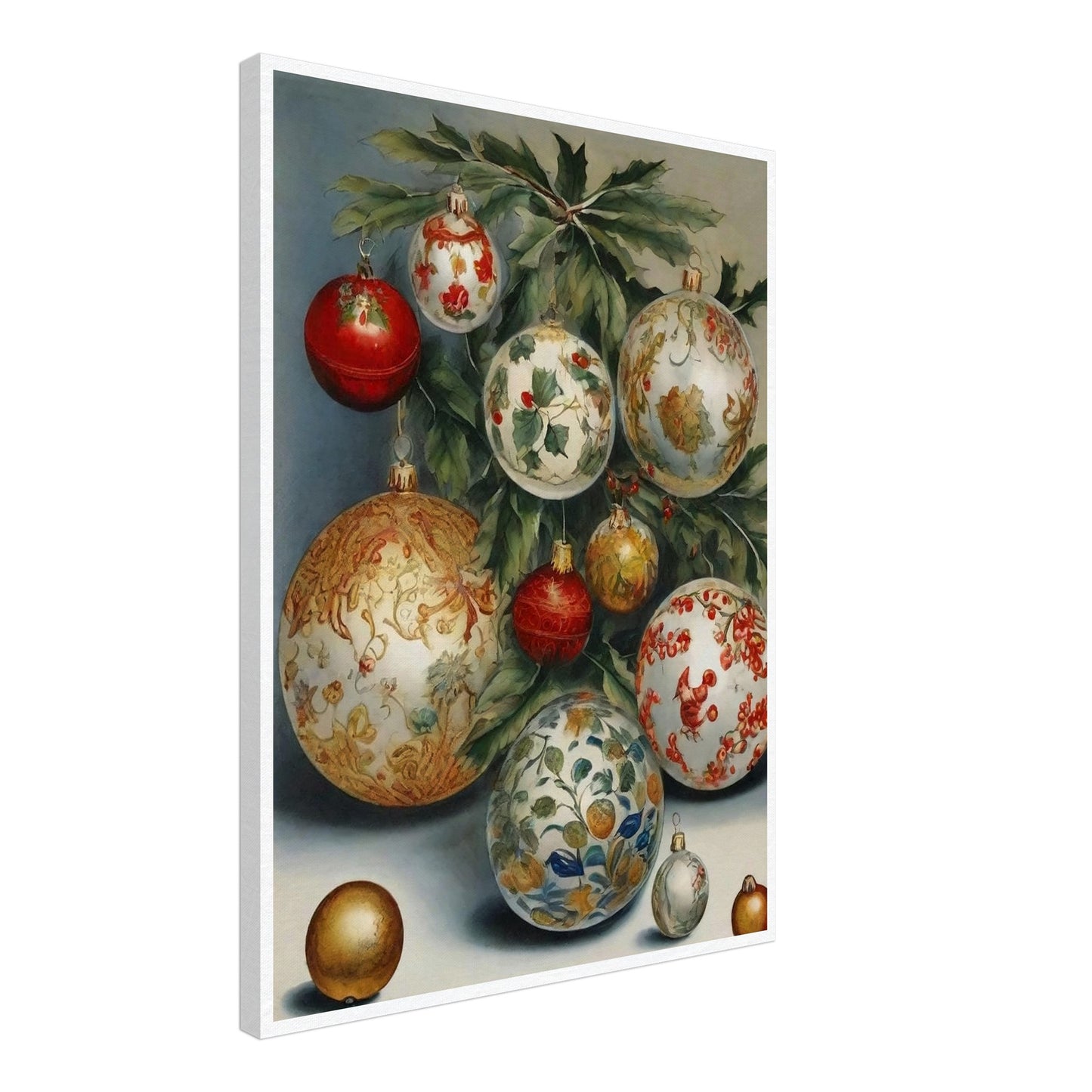 A collection of intricately designed Christmas ornaments in red, gold, and white, adorned with holly and floral patterns, hanging from green branches in an elegant holiday display.