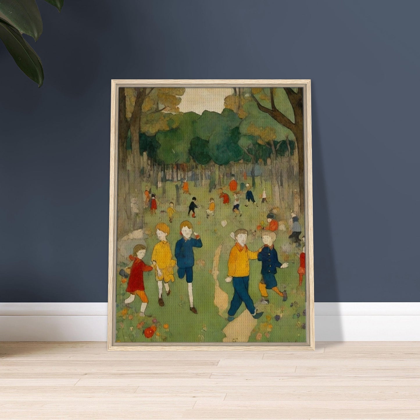 "A nostalgic painting of children playing and exploring in a bright green forest clearing, surrounded by tall trees and colorful wildflowers."