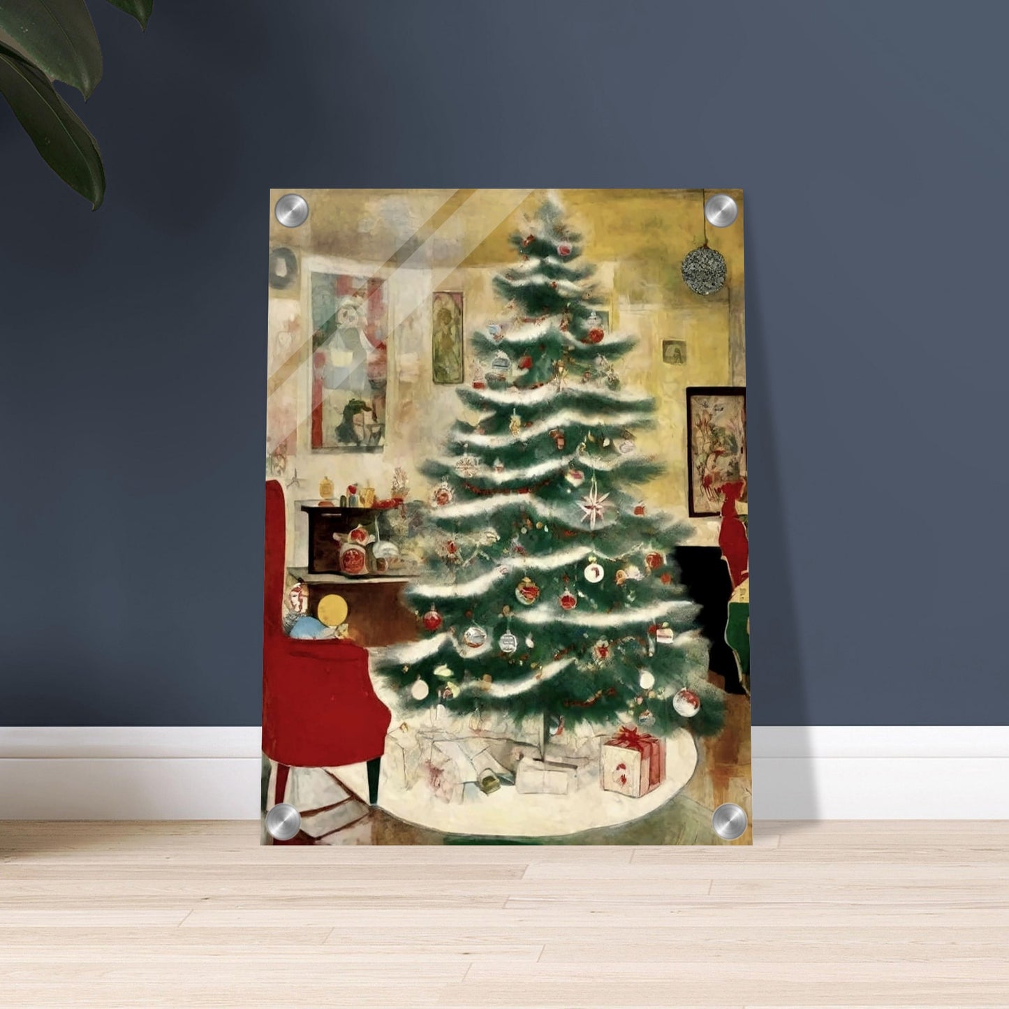 A cozy living room scene featuring a beautifully decorated Christmas tree adorned with ornaments and surrounded by presents, evoking the warmth of the holiday season.
