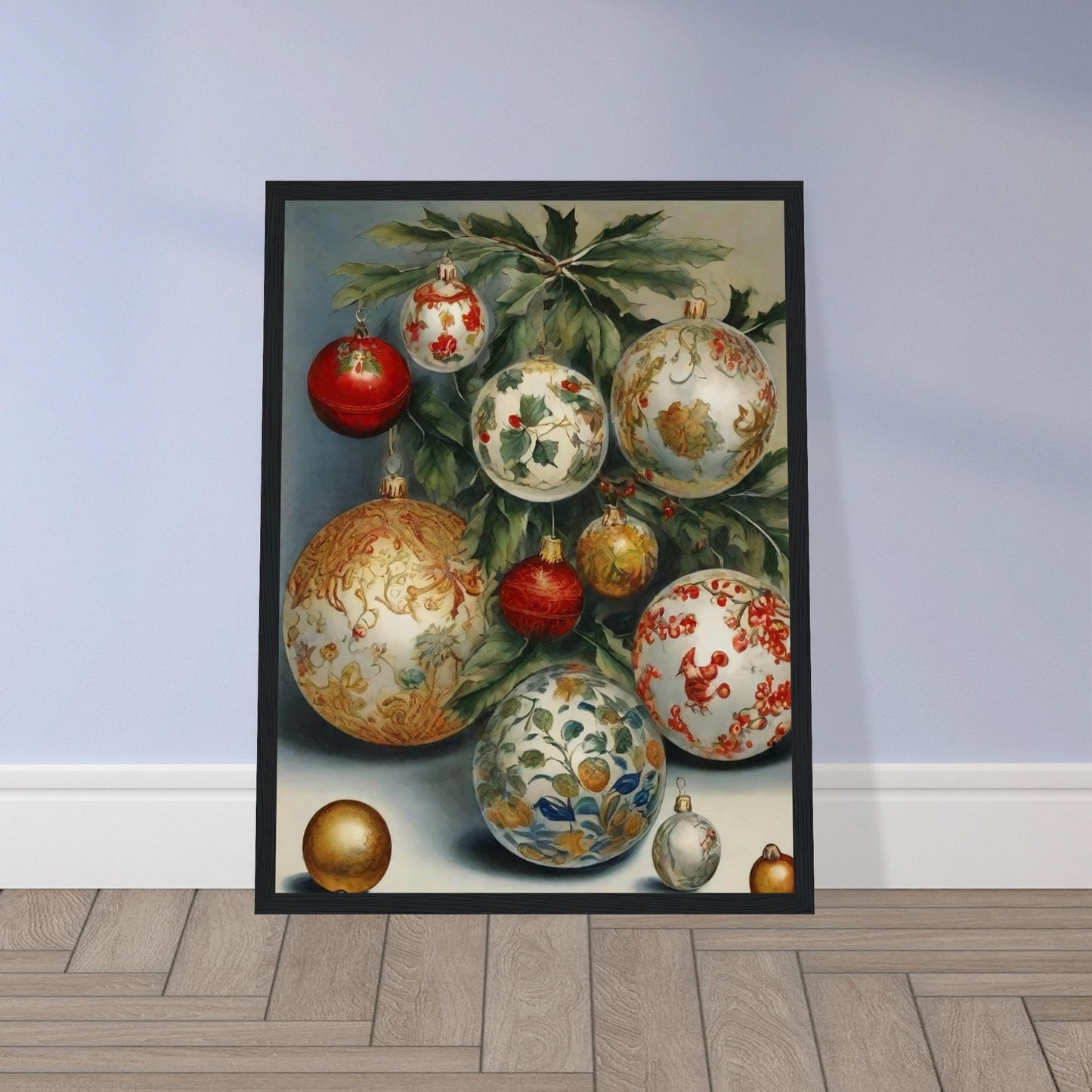 A collection of intricately designed Christmas ornaments in red, gold, and white, adorned with holly and floral patterns, hanging from green branches in an elegant holiday display.