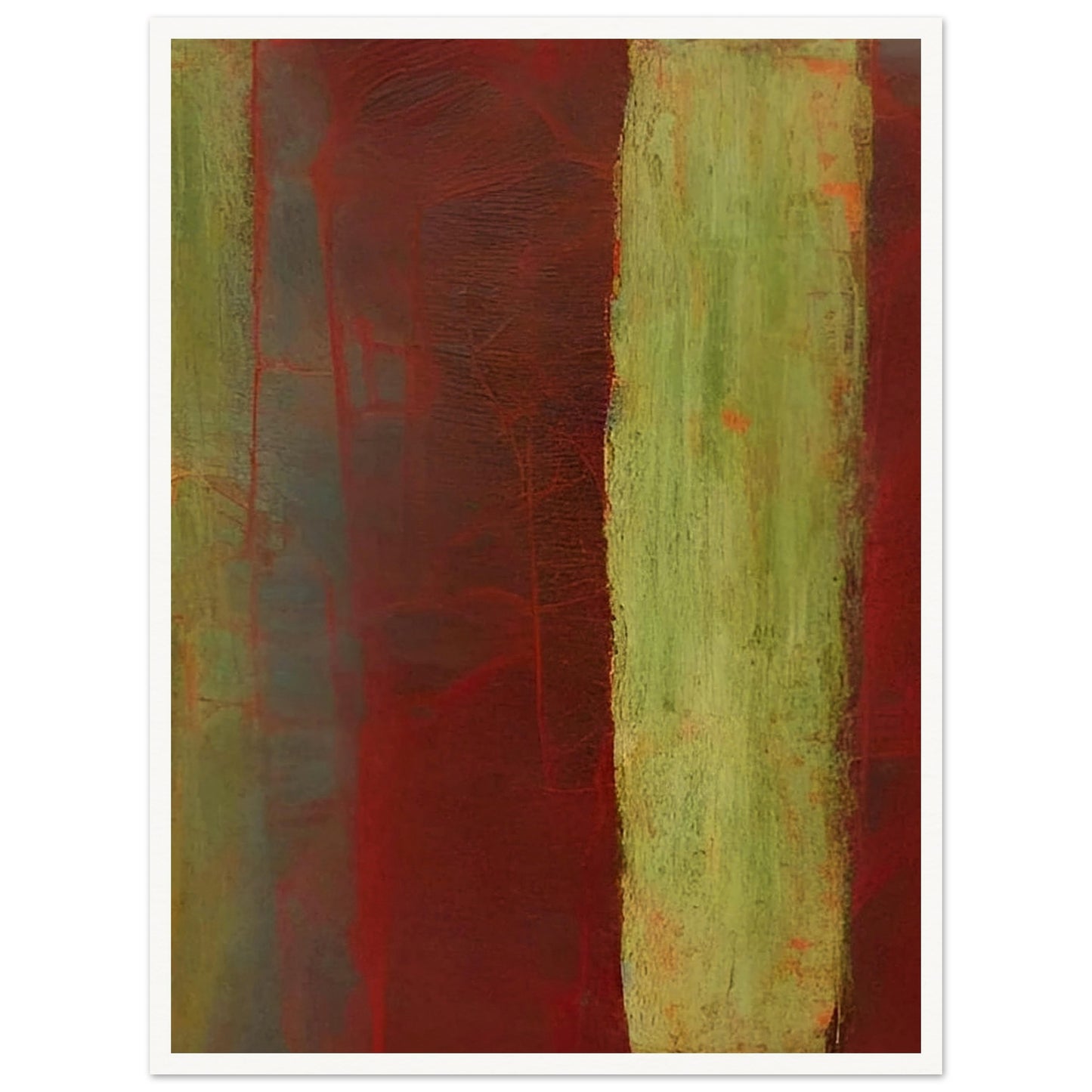 An abstract composition featuring deep red and earthy green vertical stripes with soft textures and layered shades, evoking a sense of natural decay and organic forms.