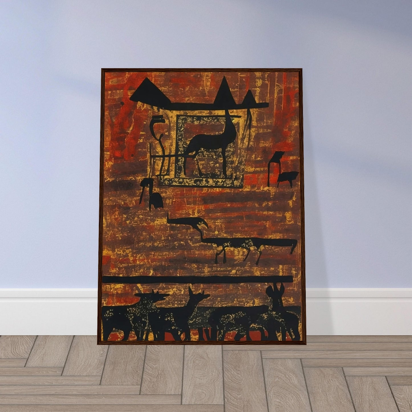 A rustic painting of silhouetted animals and geometric shapes on an earthy, textured background with rich red and brown hues.