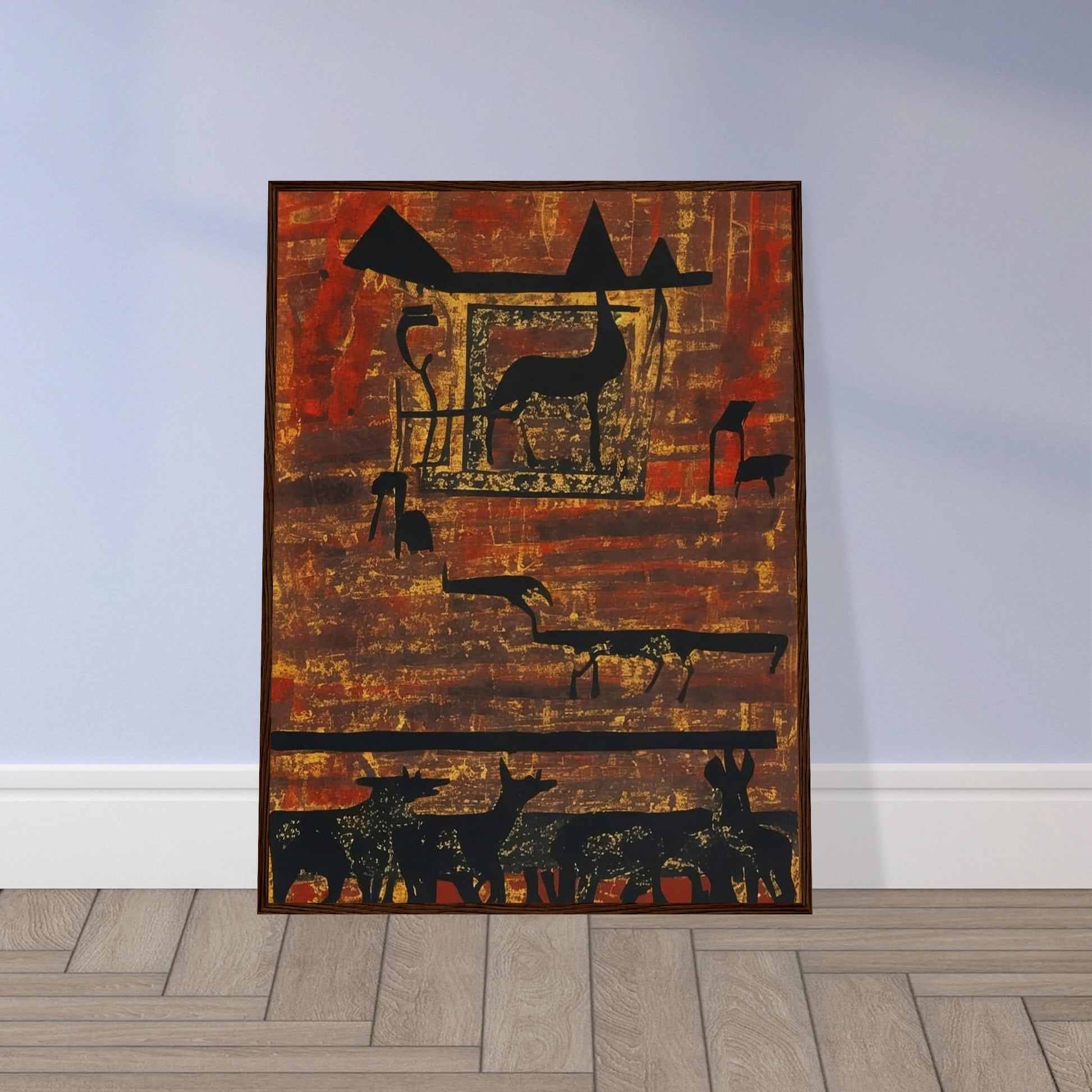 A rustic painting of silhouetted animals and geometric shapes on an earthy, textured background with rich red and brown hues.