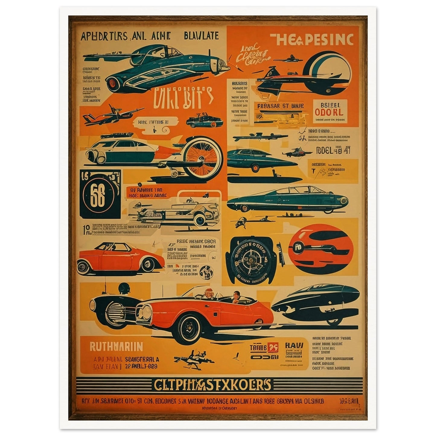 A retro sci-fi themed poster filled with futuristic vehicles, planes, and spaceships in bold colors, presenting a glimpse into a future imagined in the past.