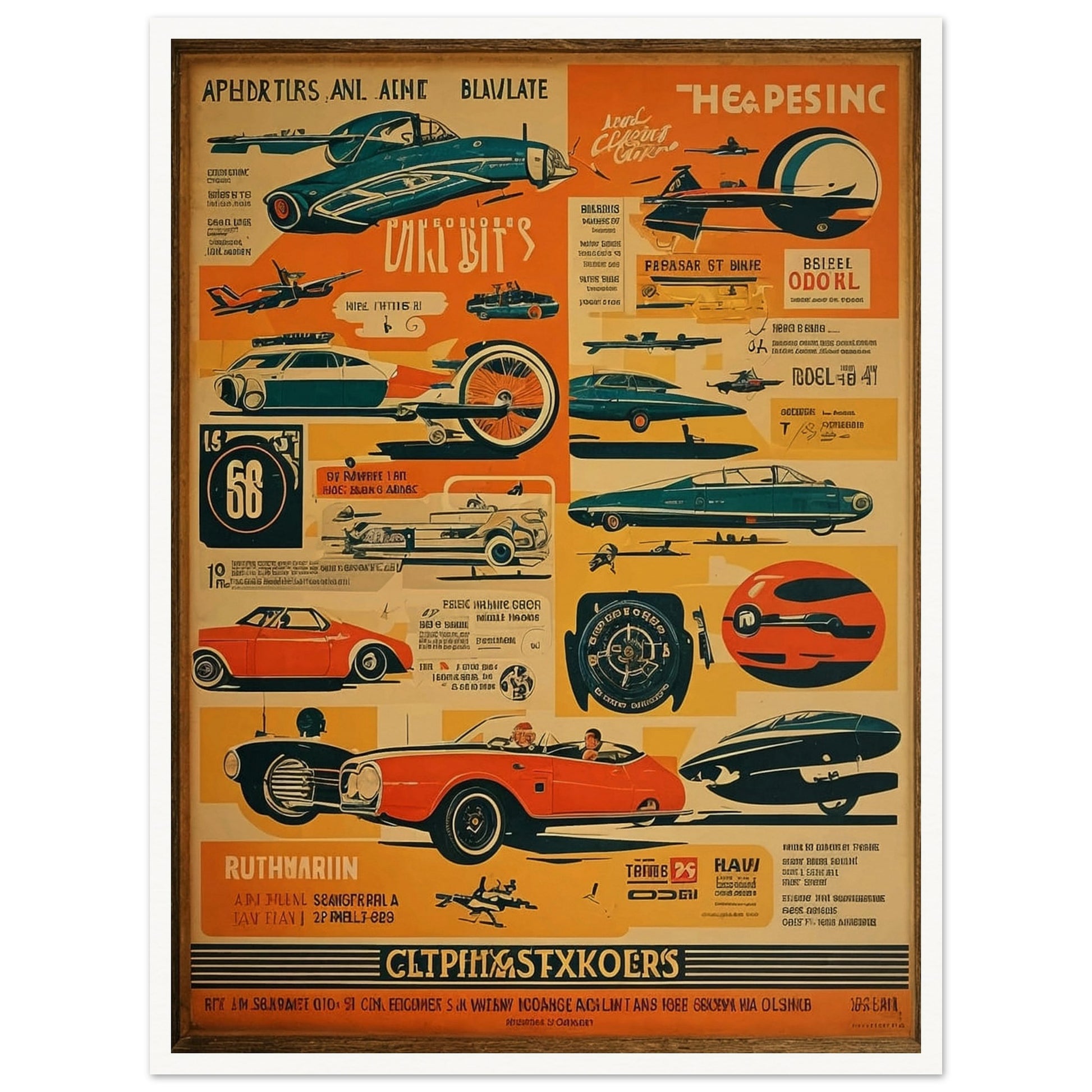 A retro sci-fi themed poster filled with futuristic vehicles, planes, and spaceships in bold colors, presenting a glimpse into a future imagined in the past.