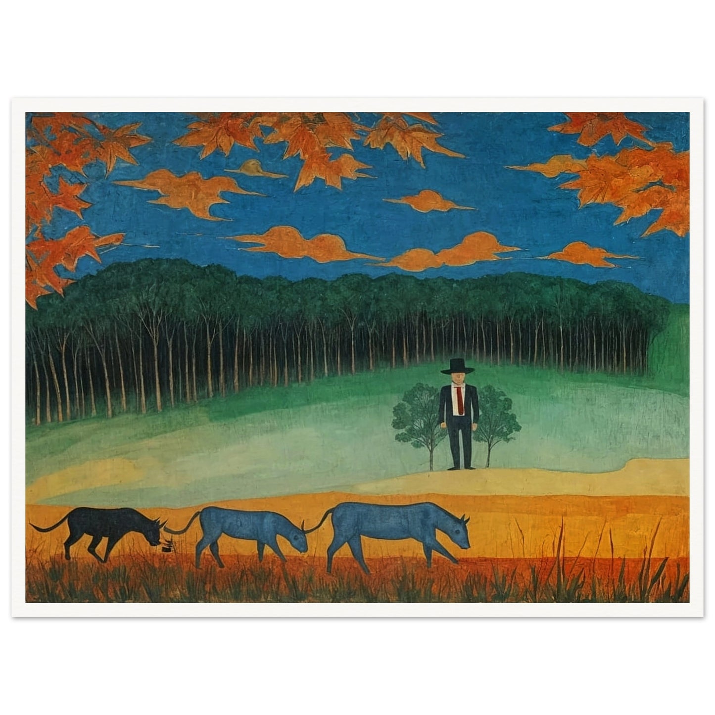 A serene countryside with blue cattle grazing and a lone man in a hat observing the changing autumn foliage and orange skies.