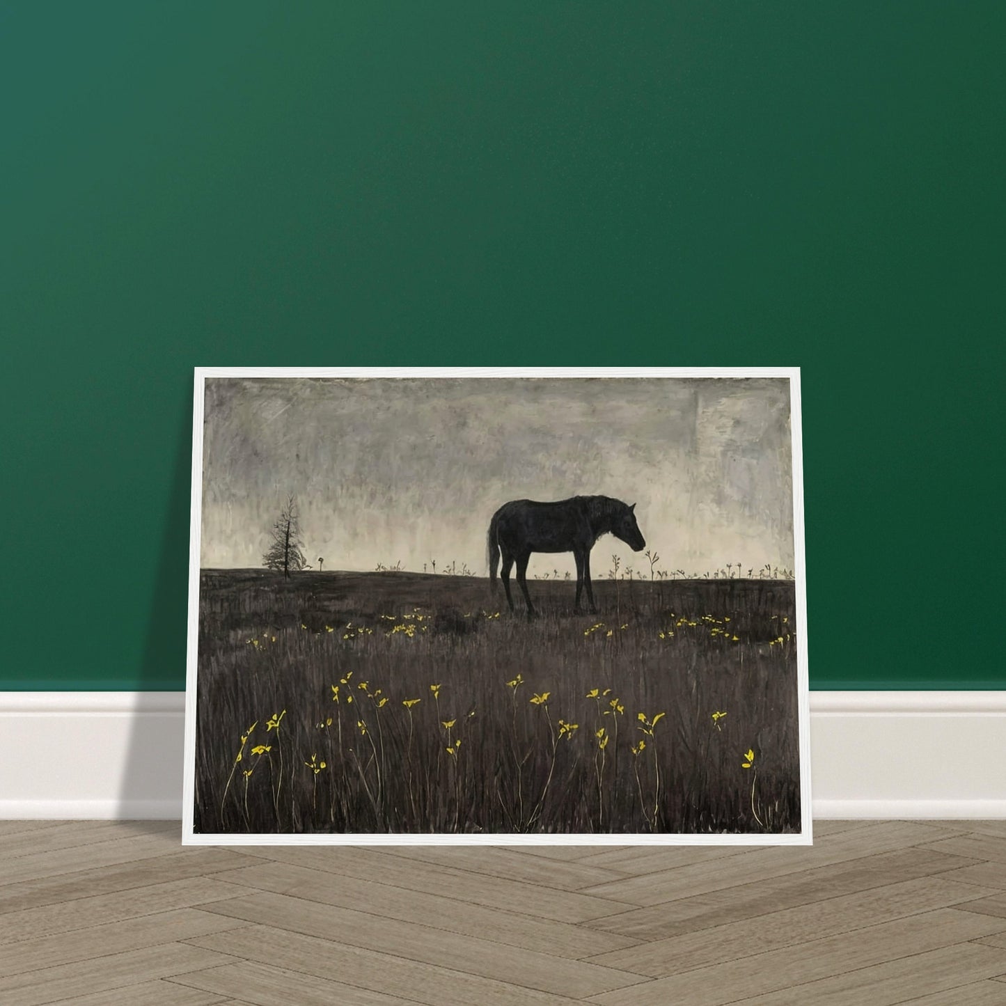 A lone horse in a quiet, almost eerie landscape, with a few scattered yellow flowers adding a touch of color to the scene.