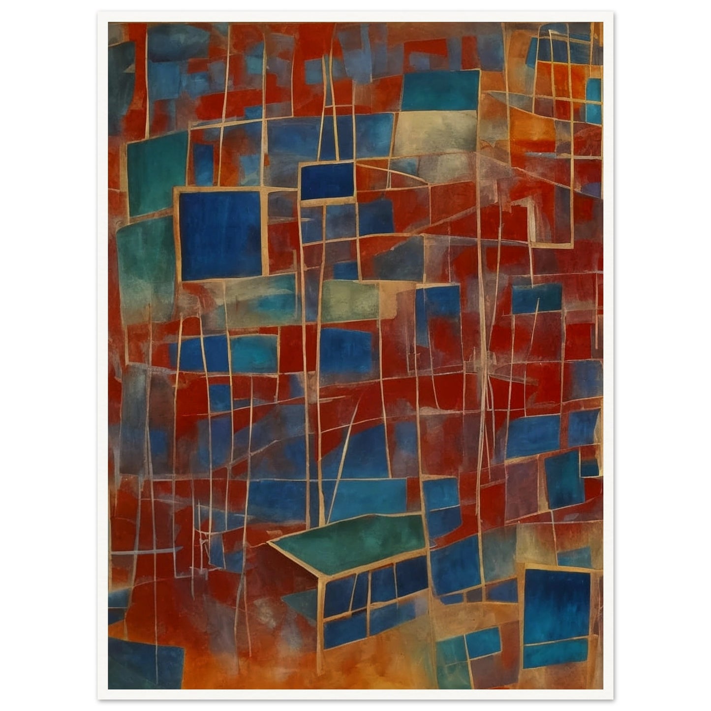 A vibrant composition featuring a network of interconnected blue and red rectangles, creating a dynamic and fragmented visual experience.