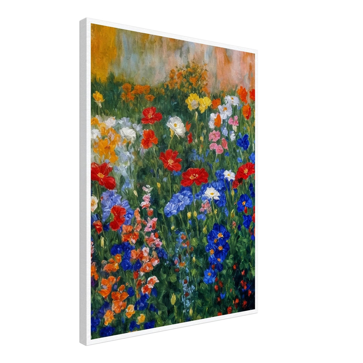 Colorful painting of a blooming garden filled with various flowers in red, blue, and yellow hues against a soft, textured background