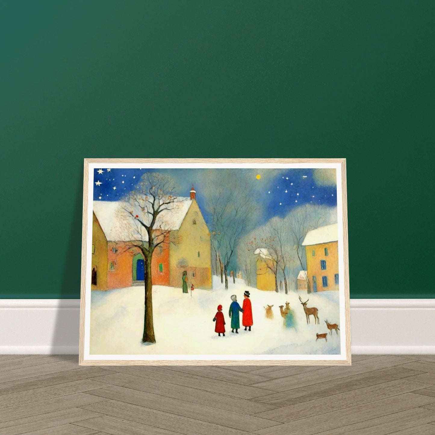 "A whimsical winter scene featuring families and deer in a snow-covered village under a starry sky, with warm-lit houses in the background."