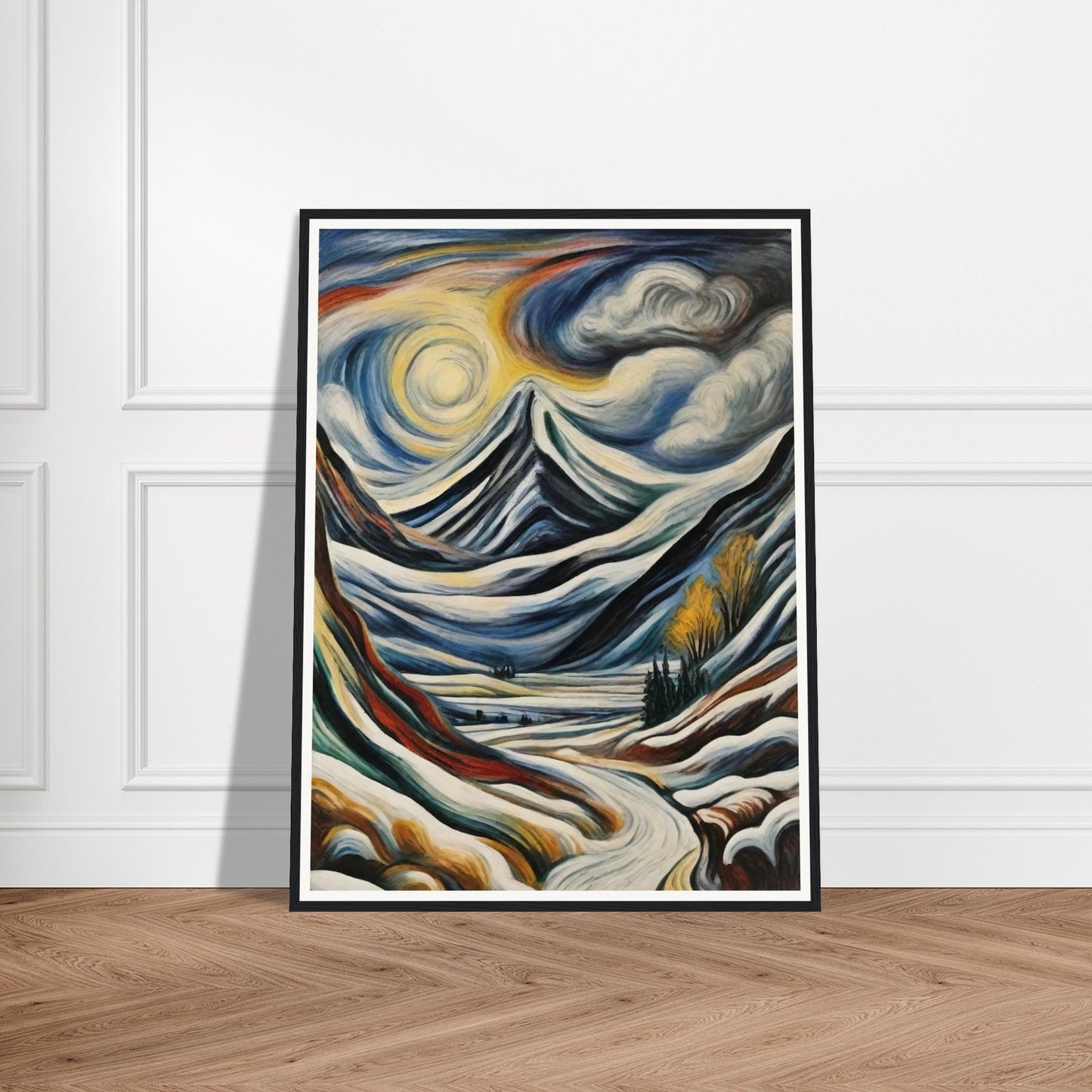 "A stunning depiction of snow-covered mountains beneath swirling clouds and a glowing sun, with a winding path leading into the scene."