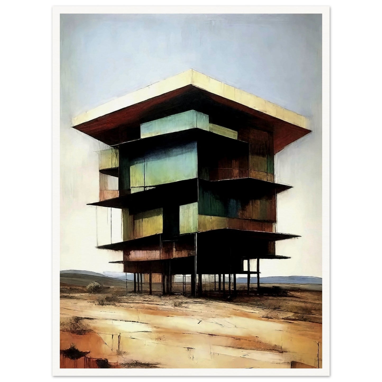 A modern, multi-level building standing on tall stilts in a desolate desert landscape, with earthy tones and a minimal sky.