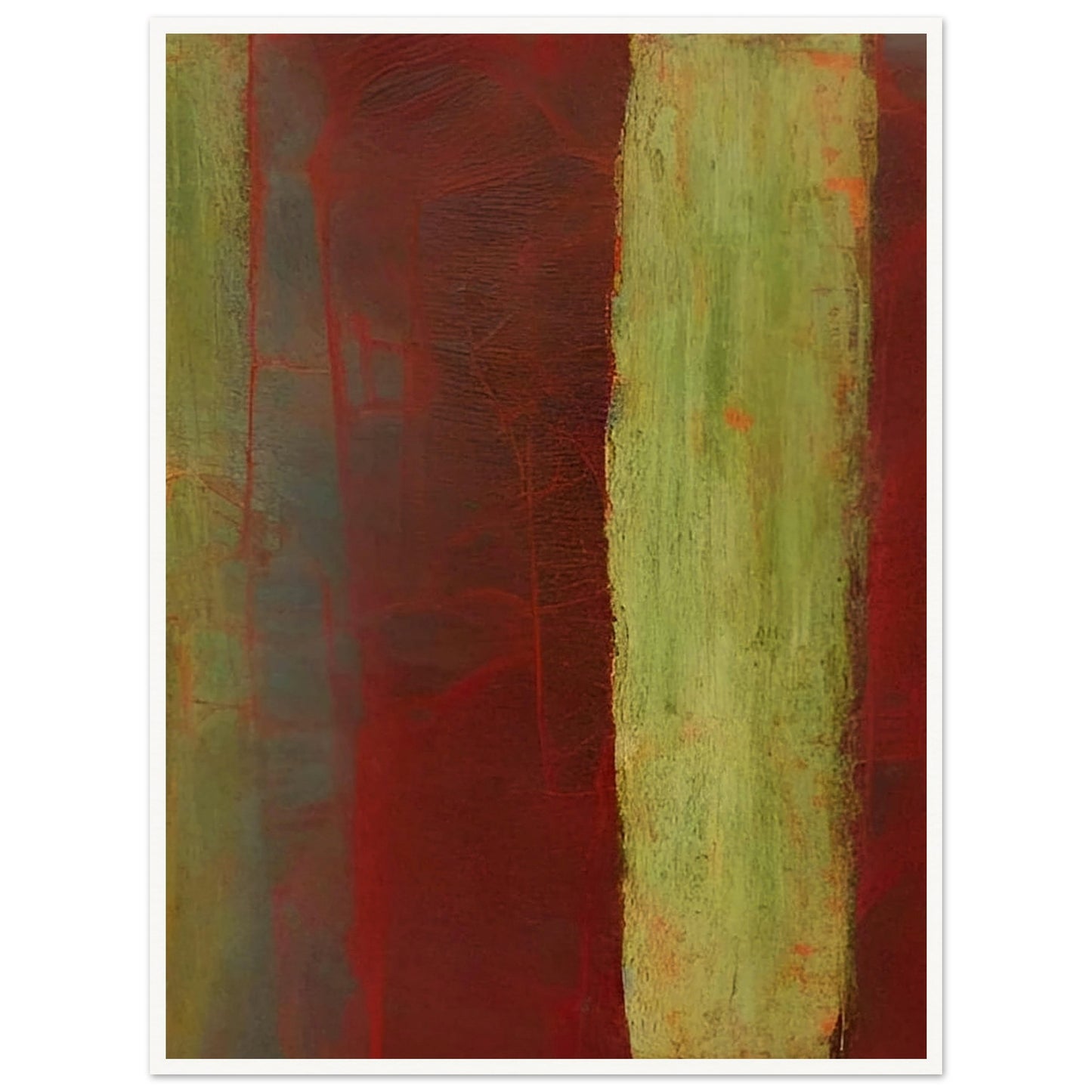 An abstract composition featuring deep red and earthy green vertical stripes with soft textures and layered shades, evoking a sense of natural decay and organic forms.