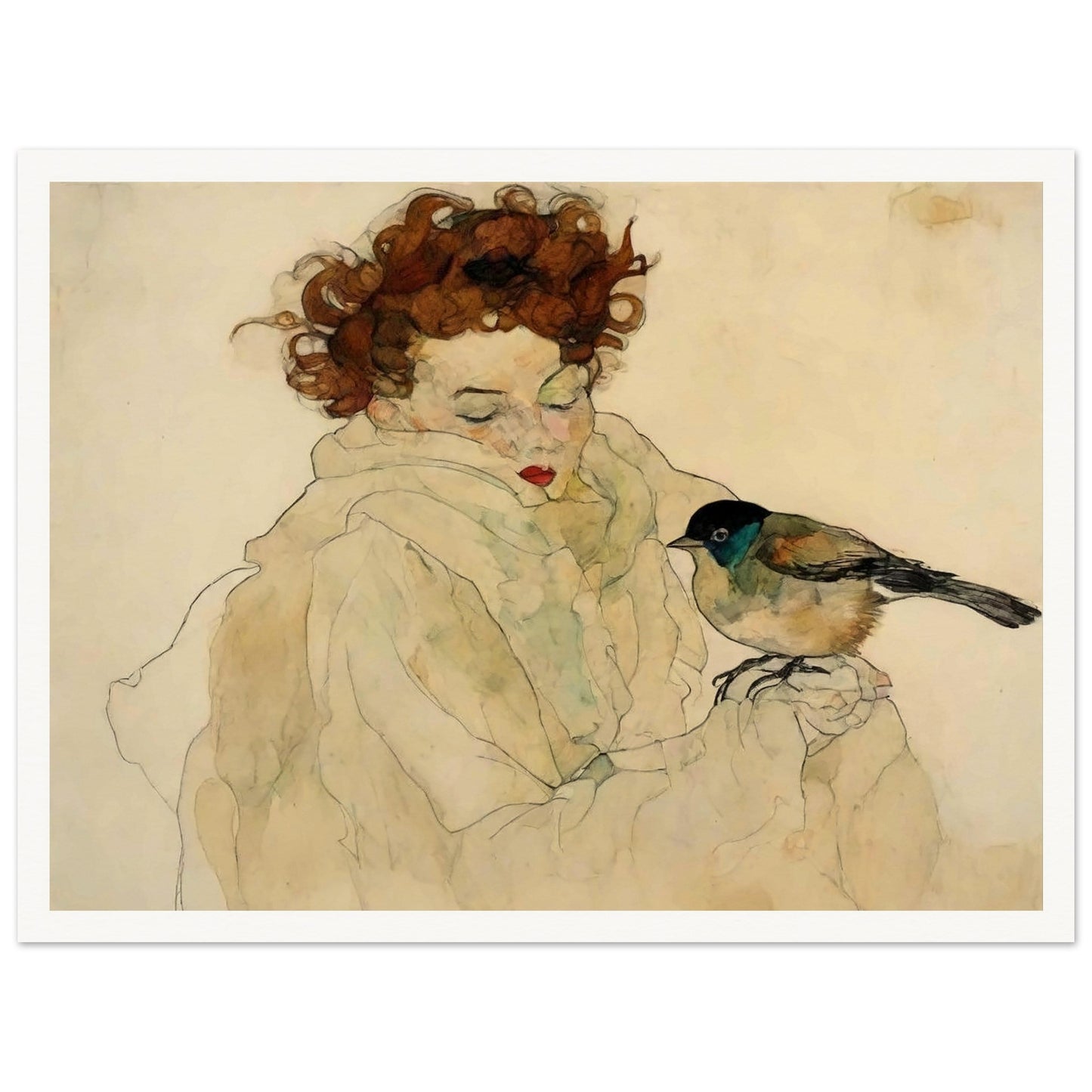 "A soft, expressive portrait of a woman with curly hair and a bird perched on her hand, both surrounded by gentle, muted tones."