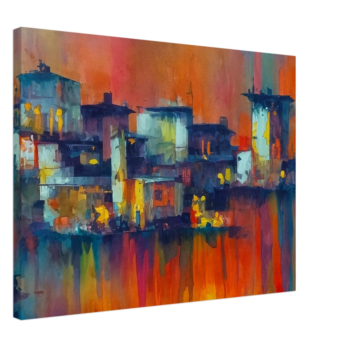 Vibrant abstract cityscape with glowing buildings against a rich, multicolored sky, capturing the essence of an evening skyline.