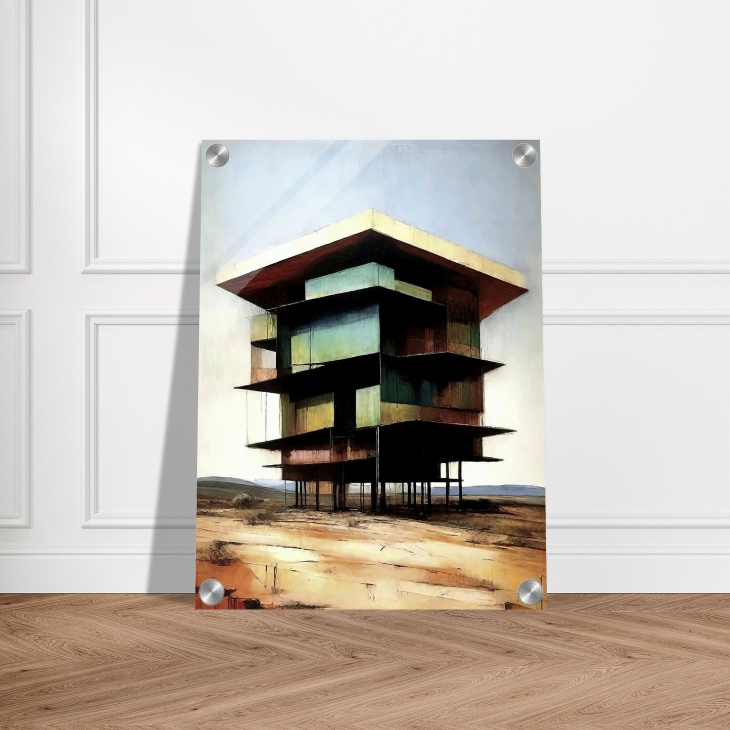 A modern, multi-level building standing on tall stilts in a desolate desert landscape, with earthy tones and a minimal sky.