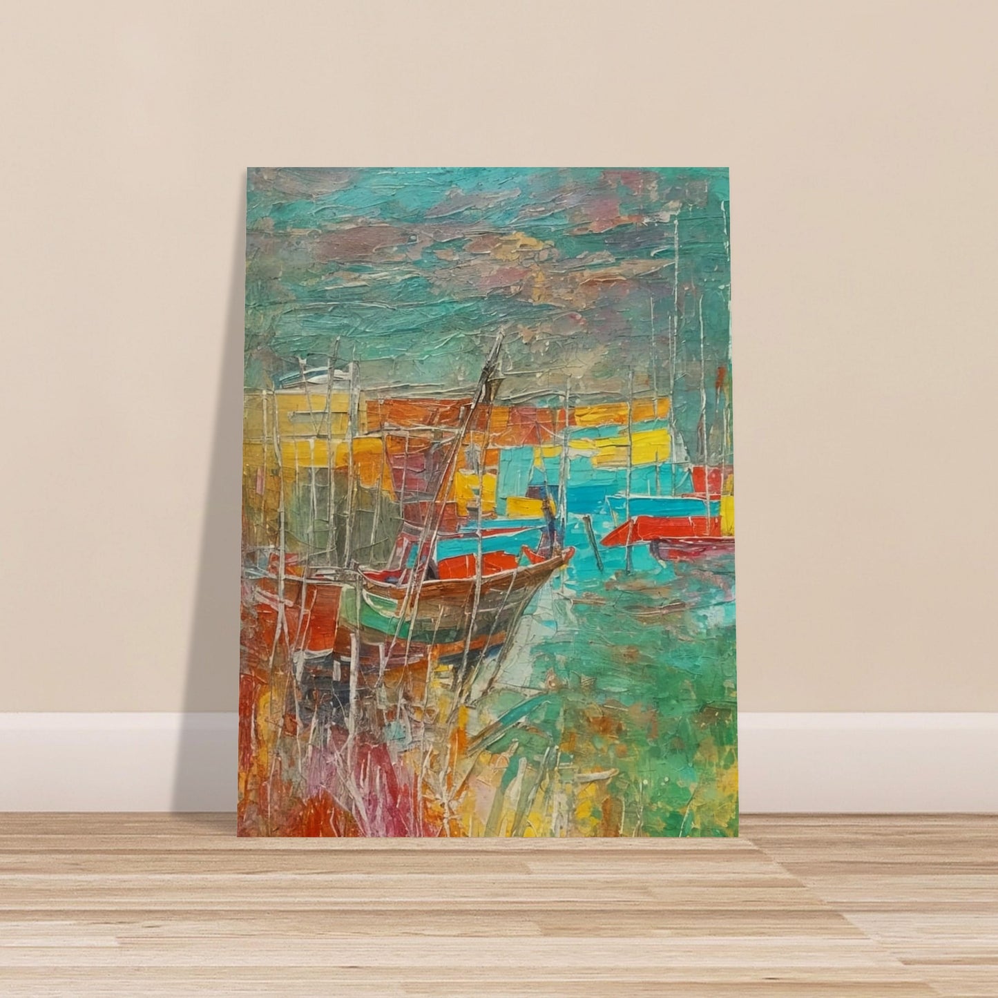 A vibrant, textured painting of boats docked at a harbor, with bold colors of red, blue, and yellow blending into the water and sky, creating a lively and colorful seascape.