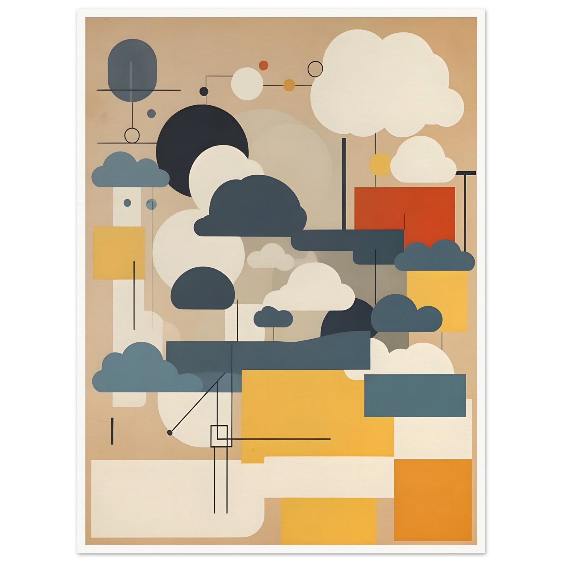An abstract geometric artwork featuring stylized cloud shapes in white, gray, and blue, with rectangular blocks in yellow, beige, and red on a muted tan background.