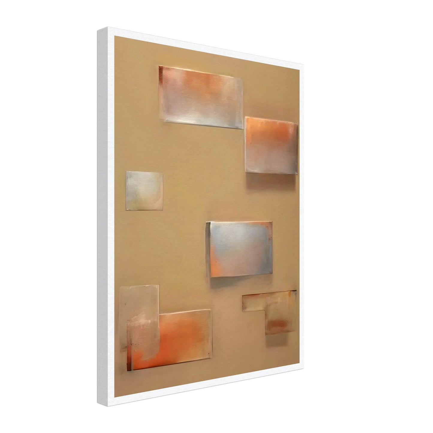 An abstract composition featuring softly blurred rectangular shapes in muted shades of orange, gray, and beige, creating a serene and minimalist geometric design.
