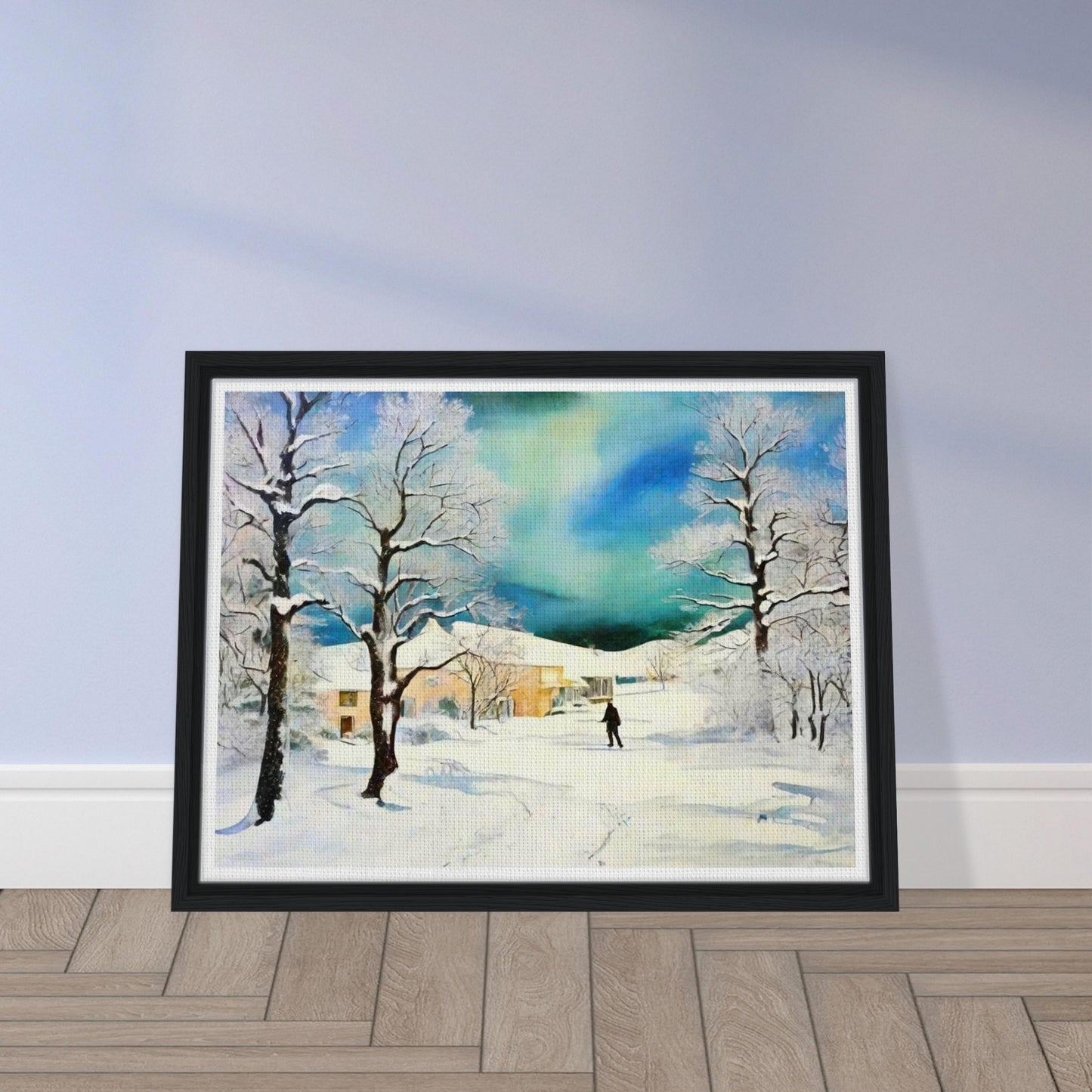 A serene winter landscape featuring snow-covered trees, a lone figure walking through the snow, and warm houses nestled under a stunning blue-green sky.