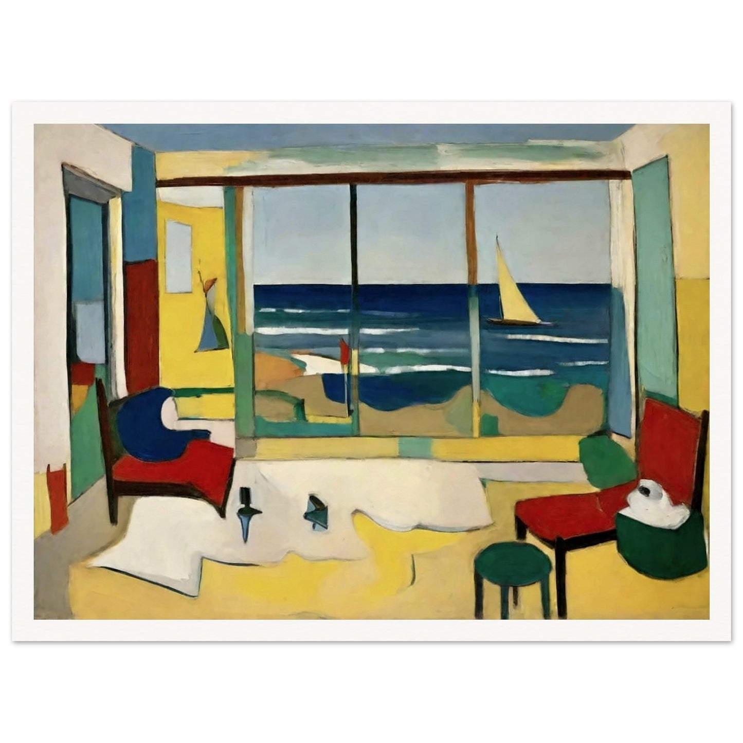 A vibrant painting of an interior room with a large window showcasing a view of the ocean, a sailboat on the water, and colorful furniture.