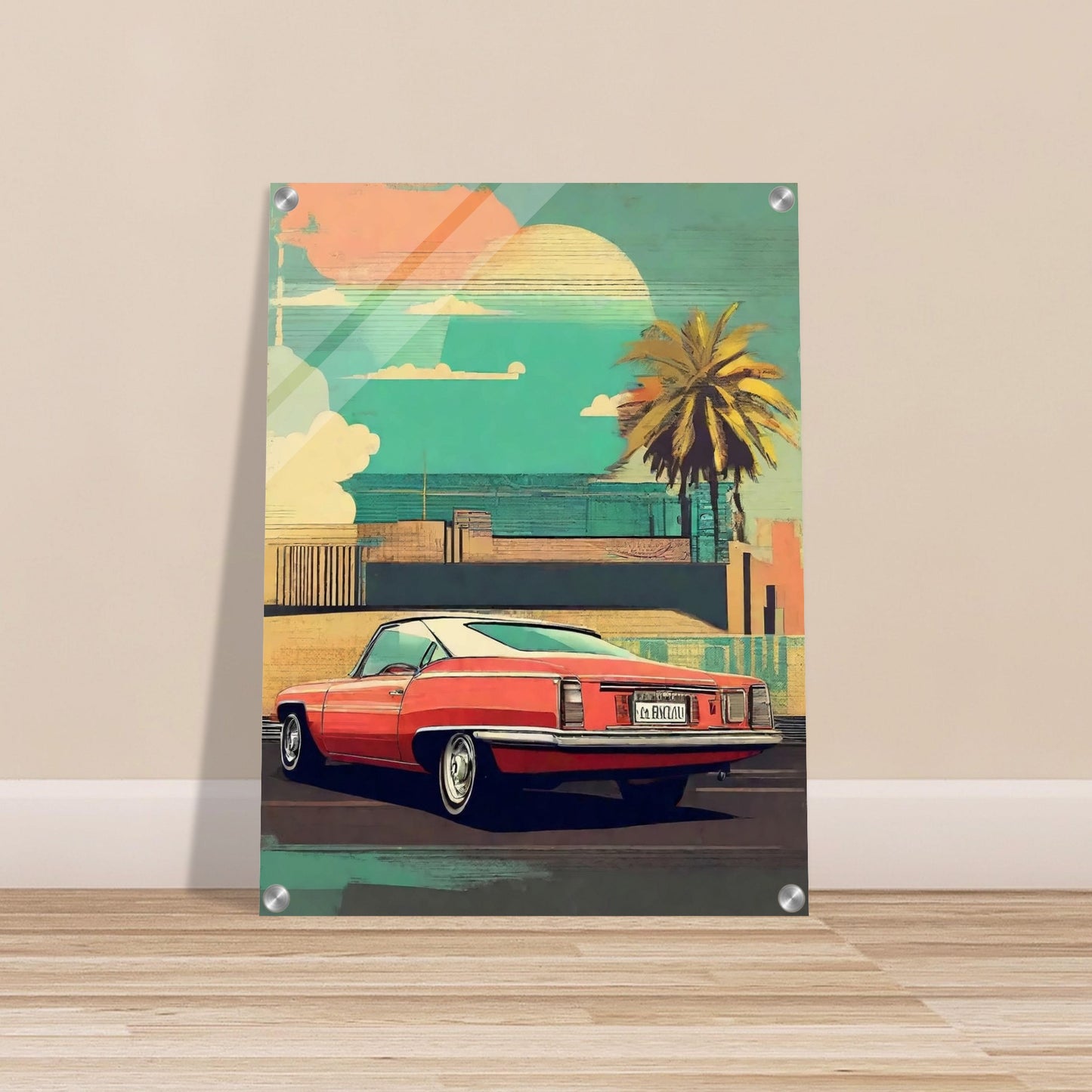 A vintage-style illustration of a red classic car parked near a palm tree with a sunset background.