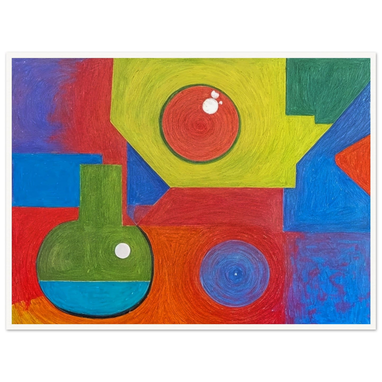 A colorful abstract composition featuring vibrant geometric shapes in bold reds, greens, blues, and yellows, creating a playful and dynamic visual arrangement.