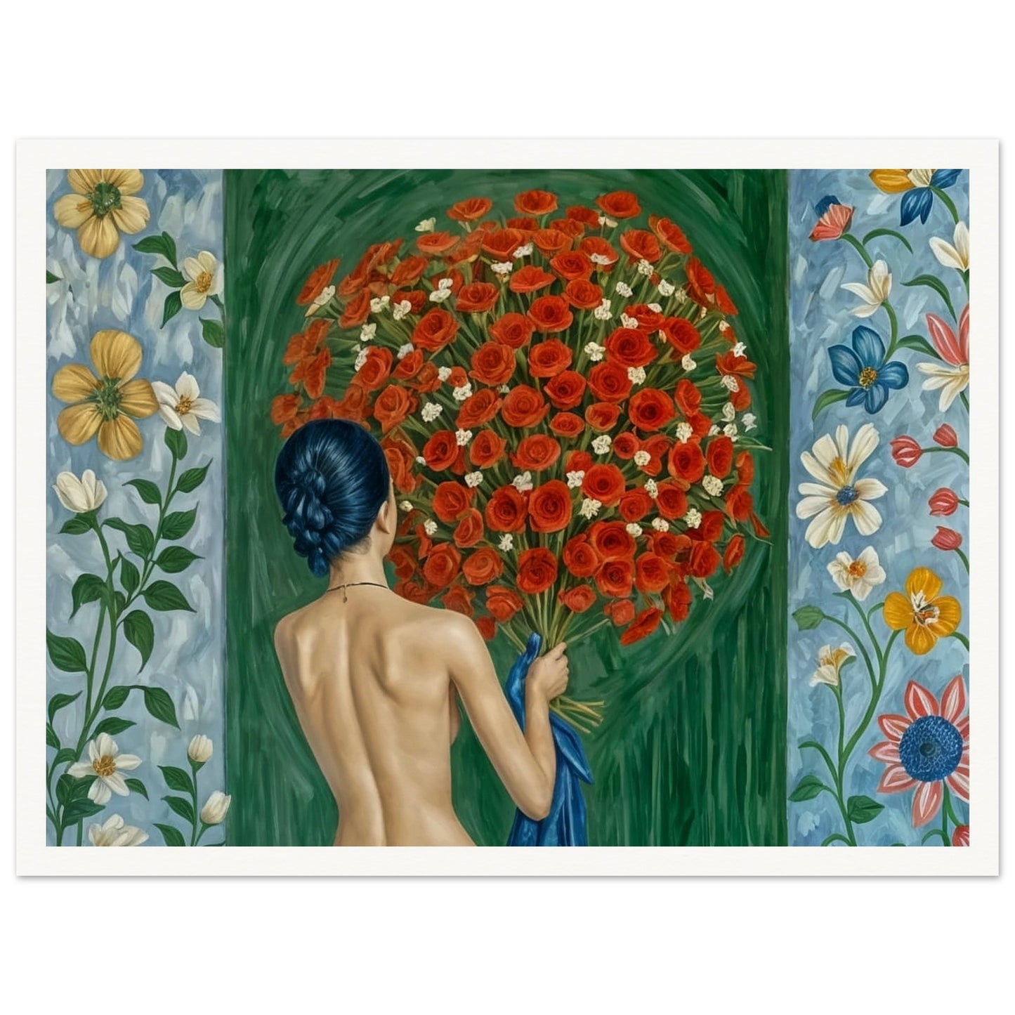 A painting of a woman with her back turned, holding a large bouquet of red roses against a vibrant backdrop of floral patterns, symbolizing a deep connection with nature.