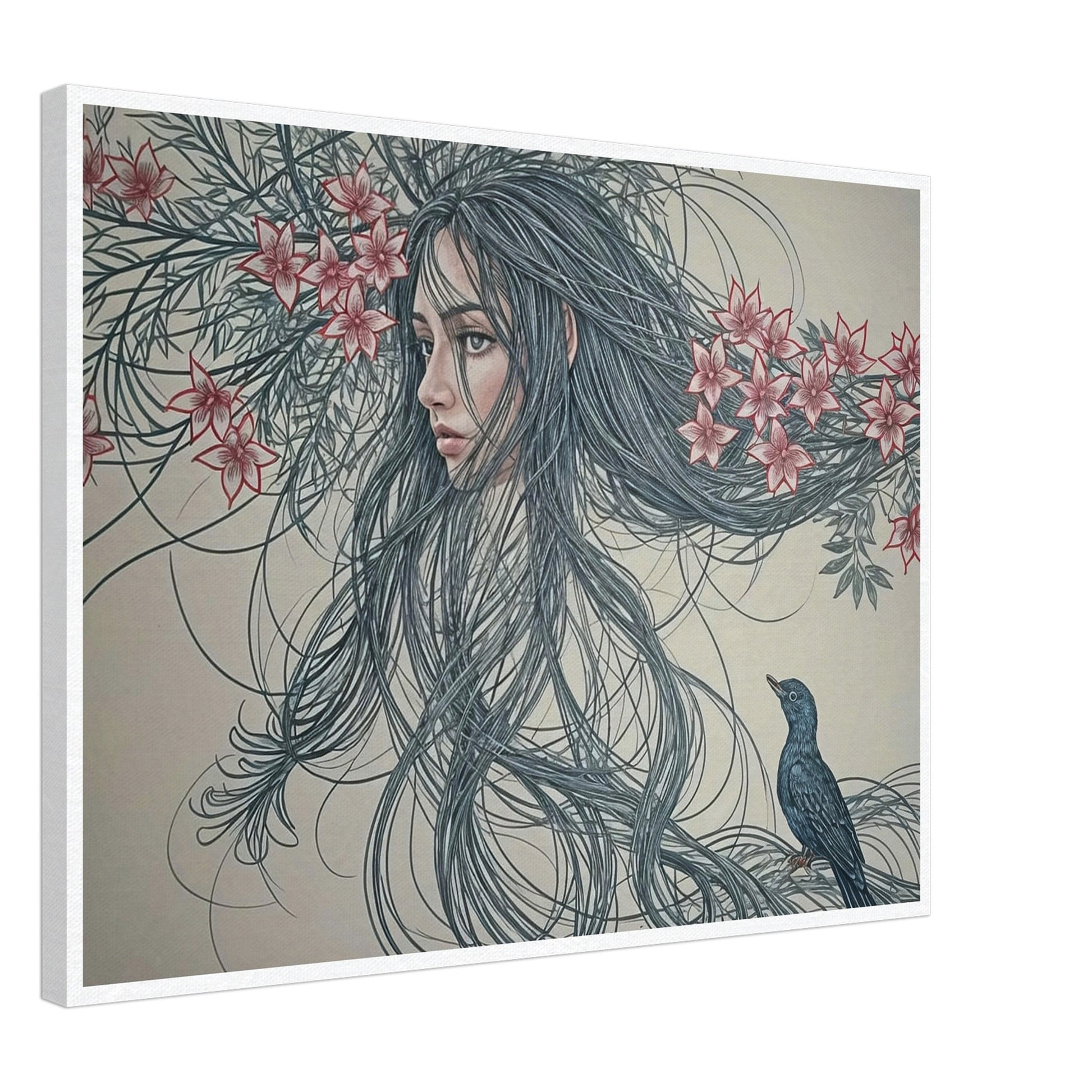 A surreal painting depicting a woman's face intertwined with long flowing hair and flowers, accompanied by a small bird.