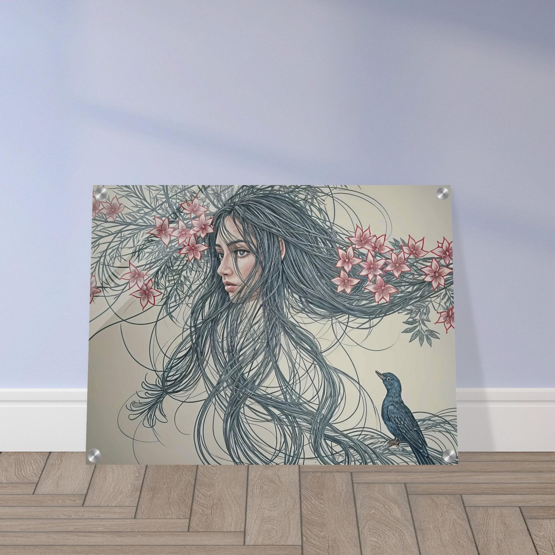 A surreal painting depicting a woman's face intertwined with long flowing hair and flowers, accompanied by a small bird.