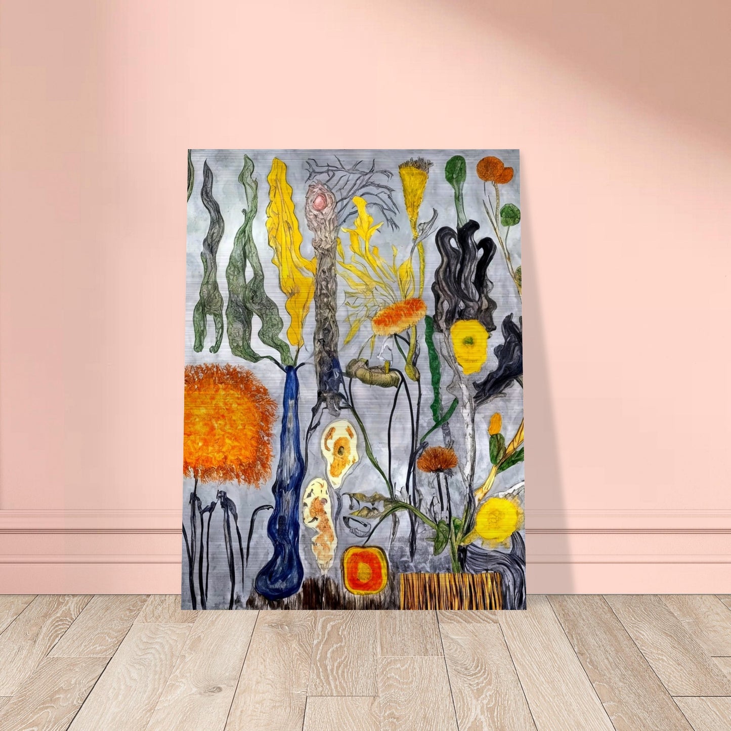 A surreal floral composition featuring abstract shapes and vibrant colors, with twisting, unusual stems and yellow, orange, and green flowers.