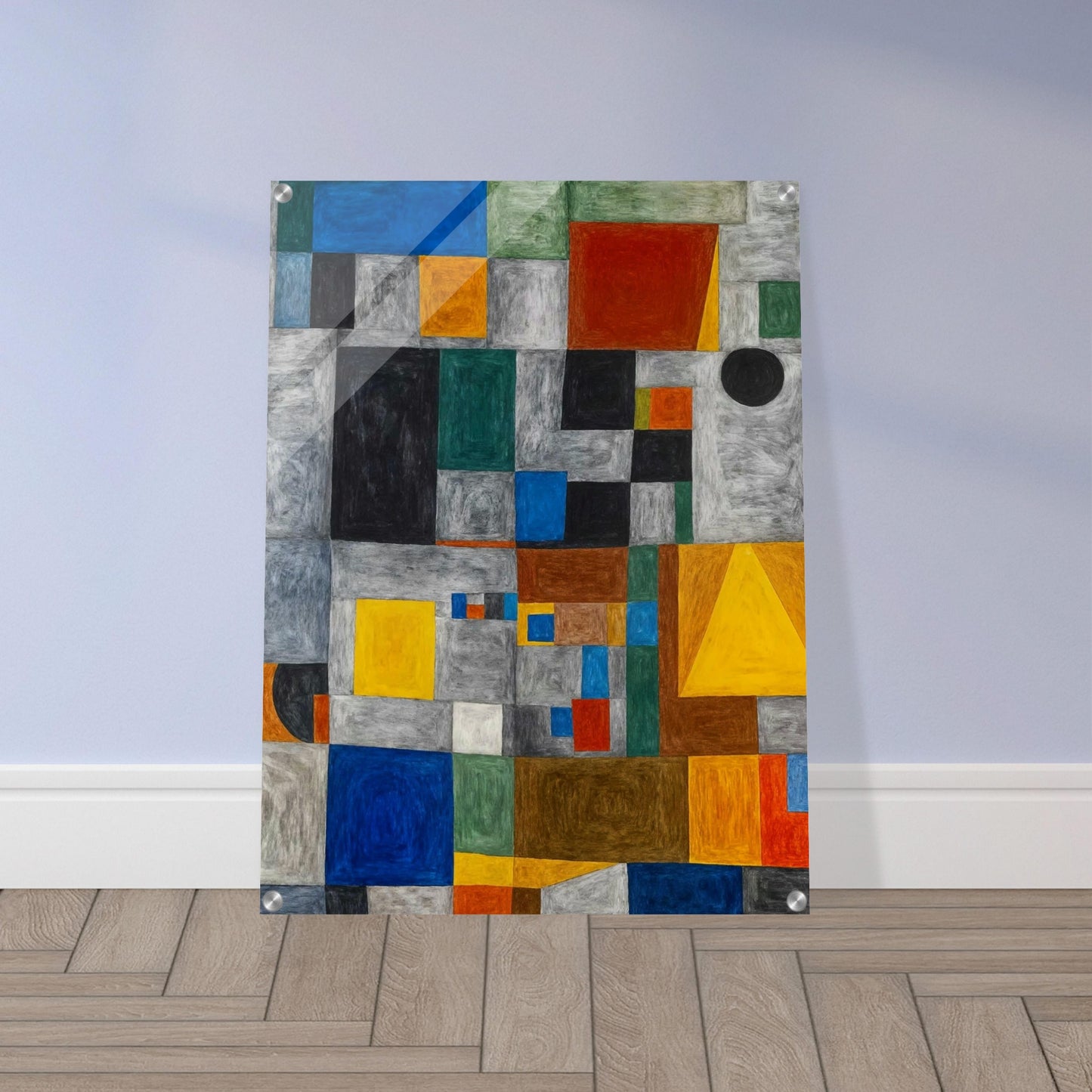 Abstract geometric artwork featuring a grid of colored squares and rectangles, creating a vibrant, dynamic composition.