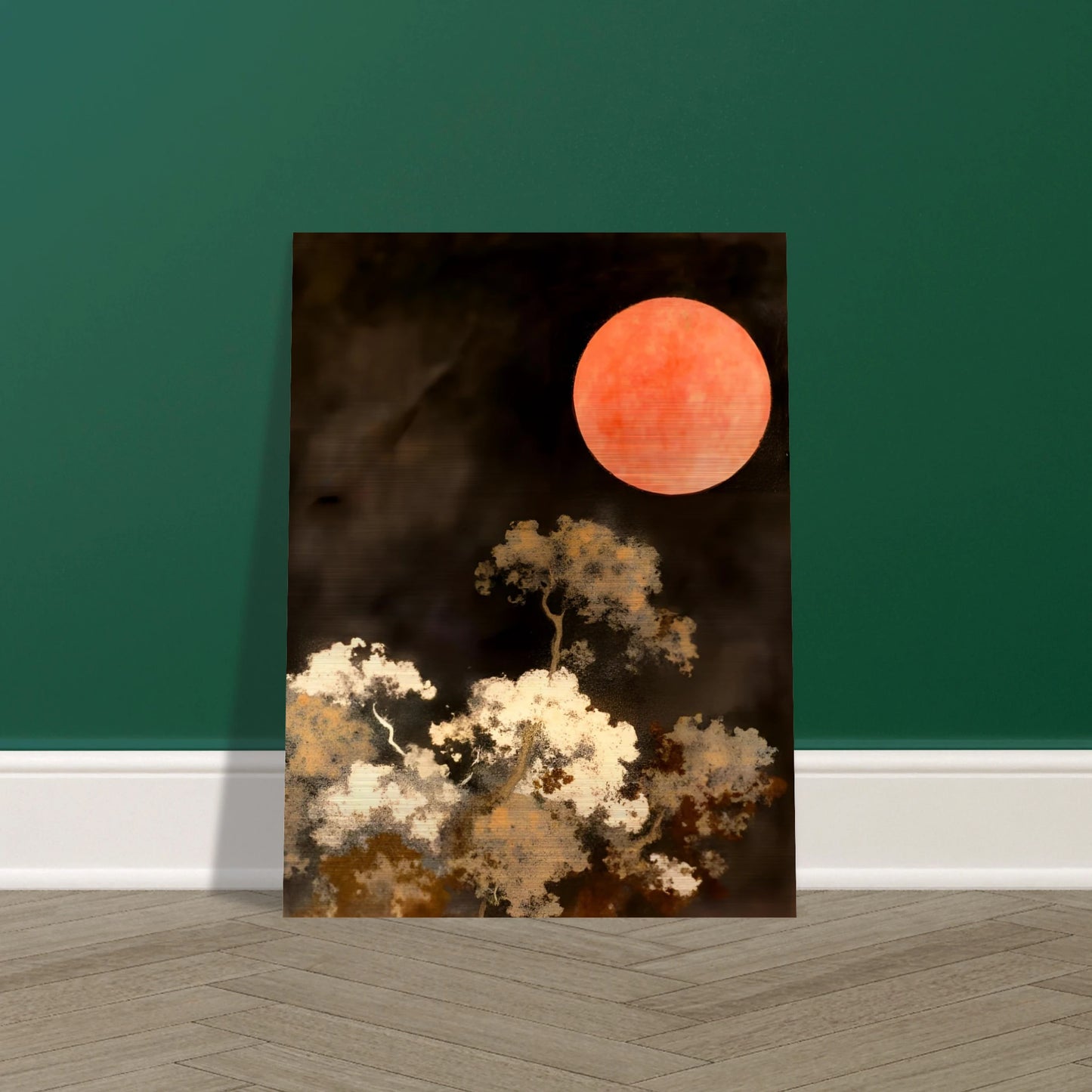 A glowing red moon floats over wispy trees in the dark, creating a dreamlike night scene with fiery contrast and quiet drama.