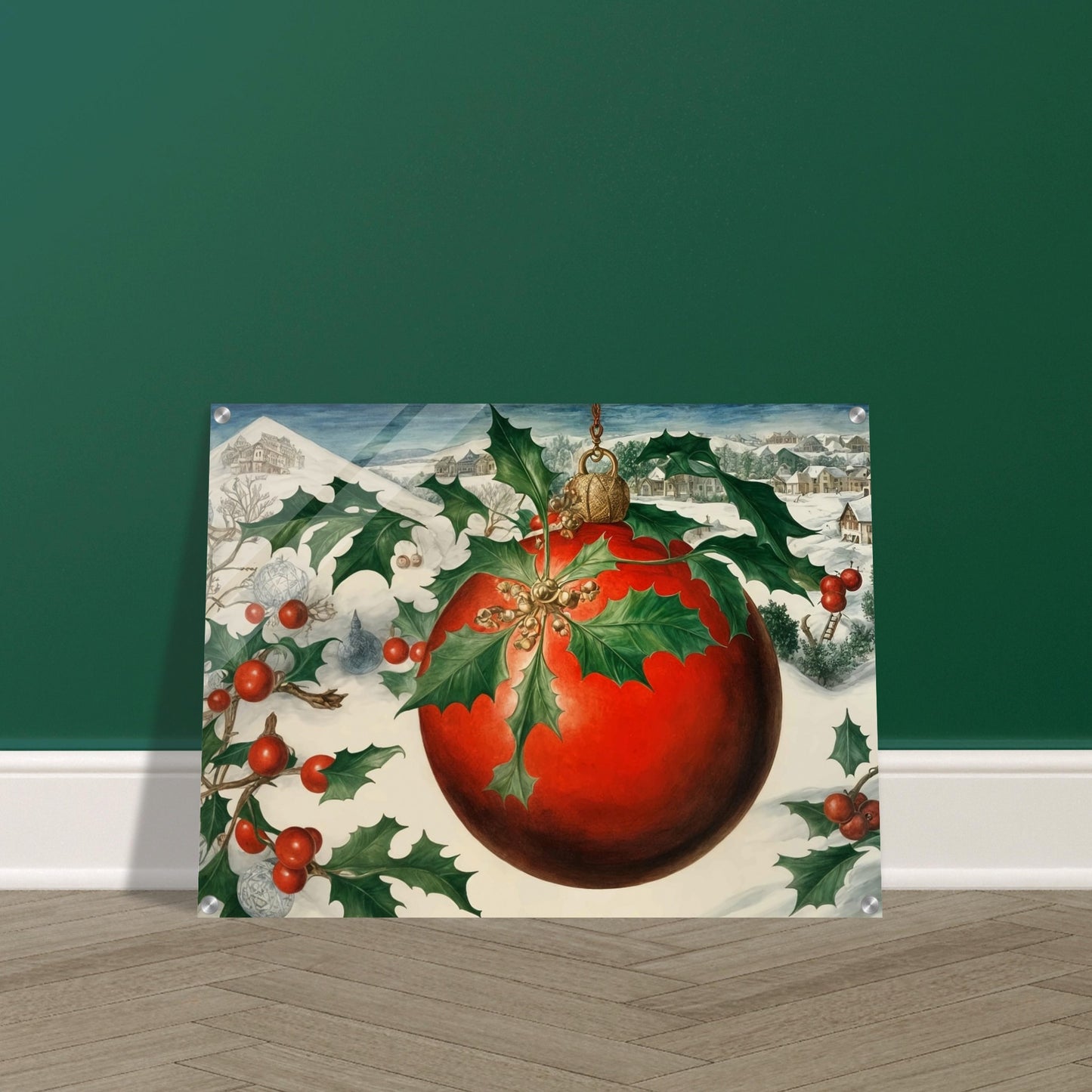 A large red Christmas ornament adorned with holly leaves and berries, set against a snowy village landscape, evoking the holiday spirit in a wintry setting.