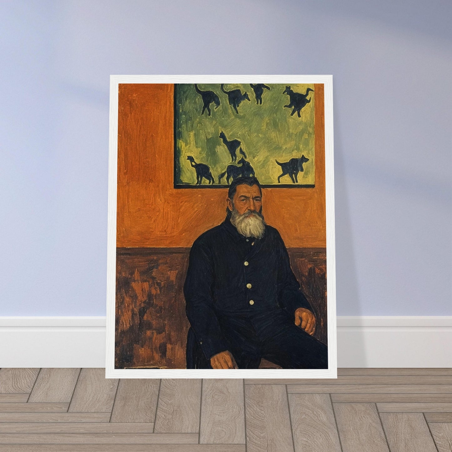 A bearded man seated against a burnt orange wall, gazing into the distance with a painting of cats behind him, exuding a quiet, contemplative presence.