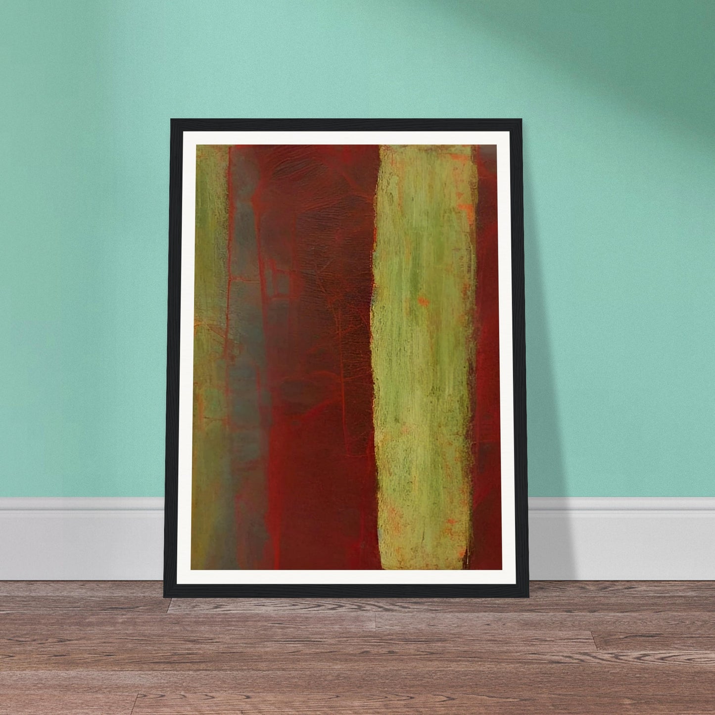 An abstract composition featuring deep red and earthy green vertical stripes with soft textures and layered shades, evoking a sense of natural decay and organic forms.