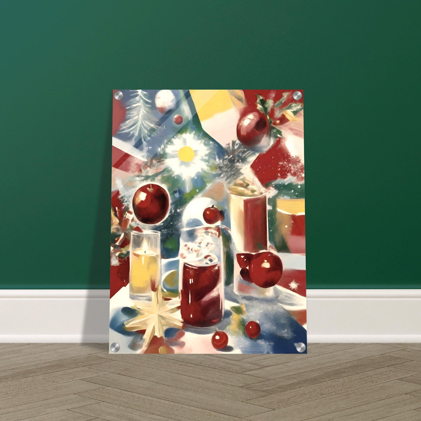 A festive still life featuring glasses of holiday drinks, vibrant red ornaments, holly leaves, and glowing candles on a colorful background.