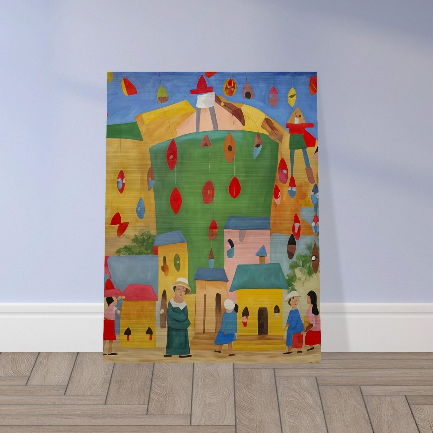 Vibrant painting of a festive village scene with colorful houses and people celebrating under hanging decorations.