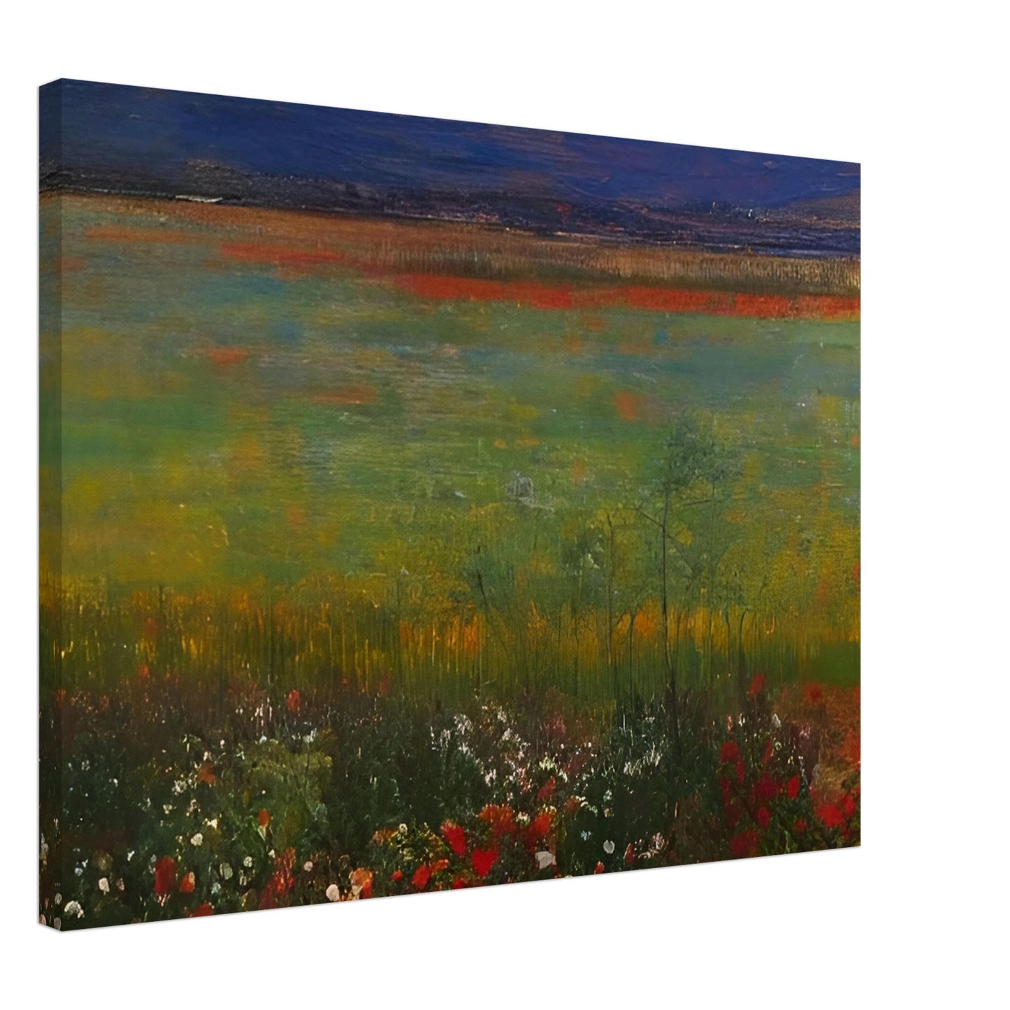 A tranquil painting depicting an expansive meadow filled with wildflowers, set against distant blue mountains.