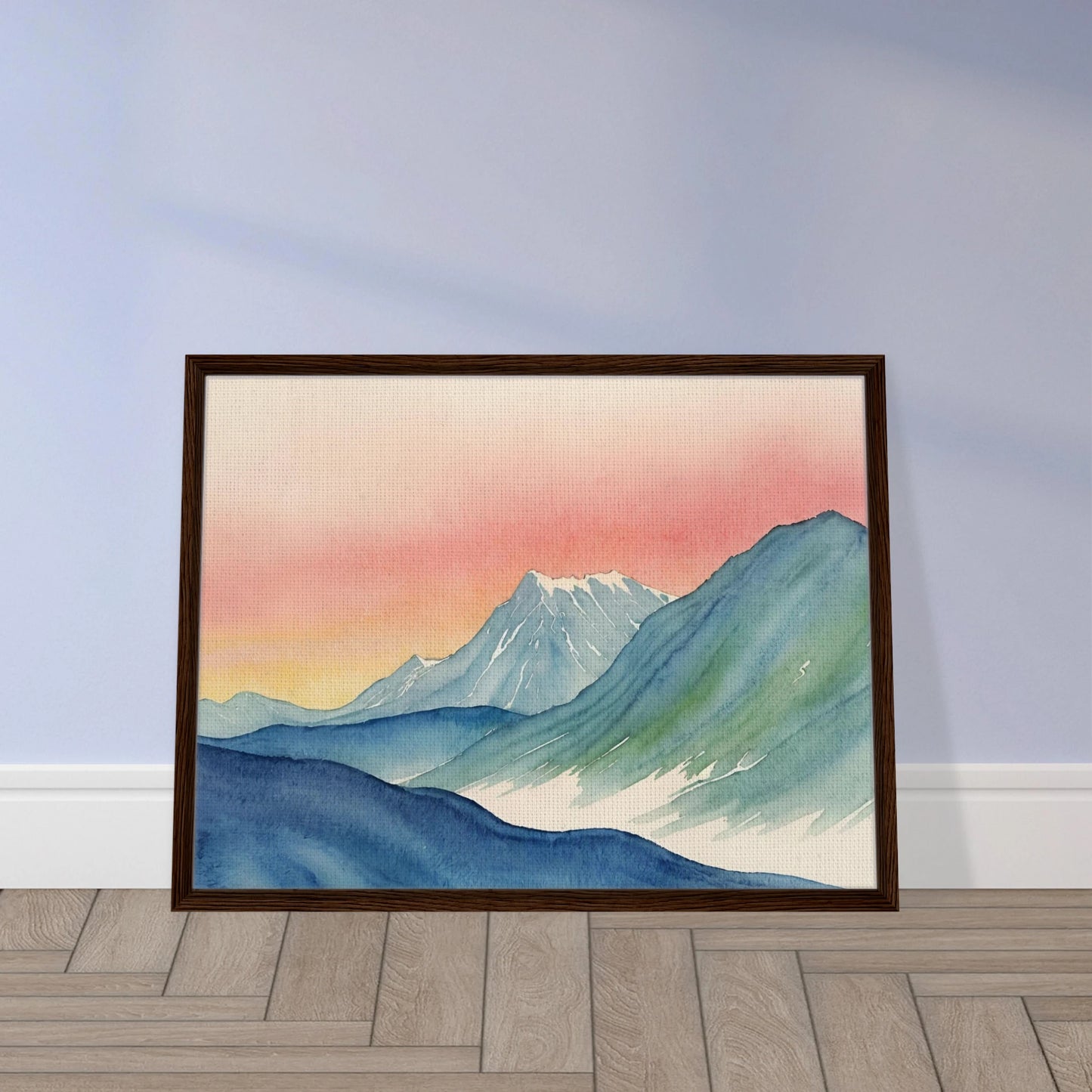 Cool-toned mountain ridges meet a radiant pink and yellow sky in this tranquil watercolor of a twilight alpine scene.
