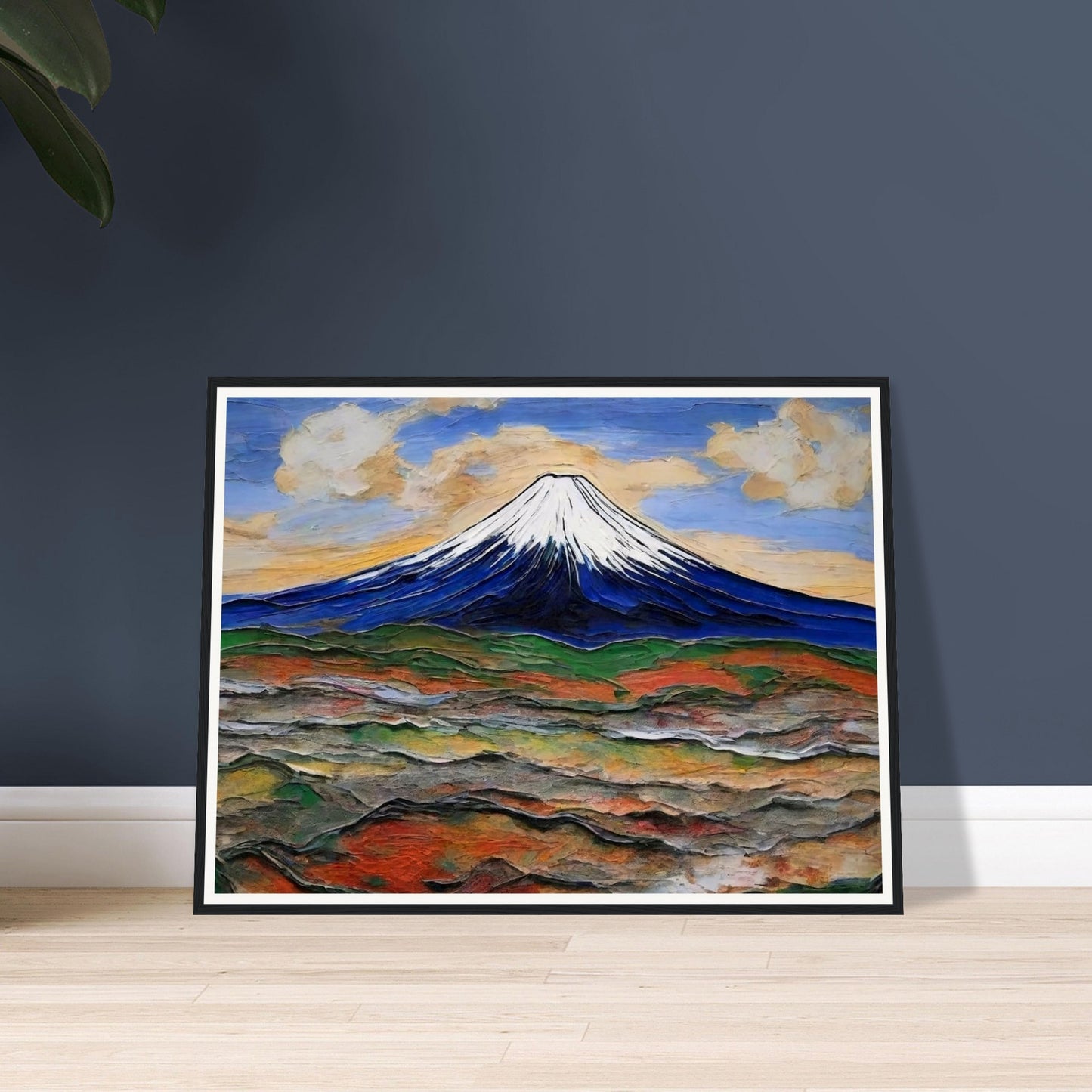 "A breathtaking view of a snow-capped mountain under a colorful sky, with rolling hills in earthy tones spreading out below."